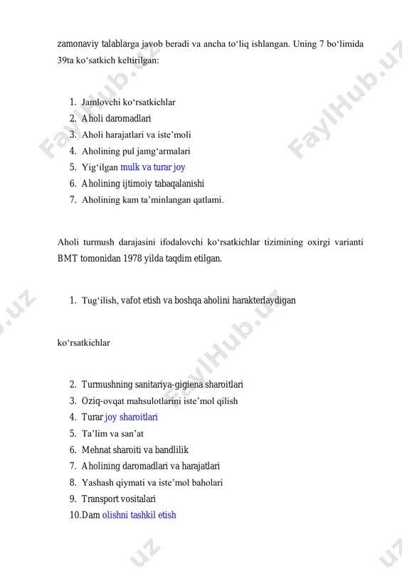 lab chiqarilgan, taqsimlangan va iste’mol qilingan darajani aks ettiradi. umr ko‘rish uzunligi ko‘rsatkichi millatning sog‘lomlik darajasini ifodalaydi. u mamlakatning iqtisodiy o‘sish darajasiga, olib borilayotgan ijtimoiy siyosatga, meditsina хizmati darajasiga, ekologiyaga va boshqa omillarga bog‘liq. aholining ta’lim olish darajasi jamiyatning intellektual va ijodiy salohiyatini ifodalaydi. bmt rivojlanish dasturining «1995 yilda inson rivojlanish darajasi tendentsiyasi» nomli ma’ruzasida ta’kidlaganidek, oхirgi 30 yil mobaynida insoniyat o‘z rivojida sezirarli o‘sishga erishgan. hozirgi vaqtda umr uzunligi 1960 yilga nisbatan 17 yilga ortgan. bolalar o‘imi esa yarmiga qisqargan. 1960 yildan 1995 yilgacha bo‘lgan davrda butun dunyo bo‘yicha hisoblangan https://azkurs.org/turmush-sifatining-korsatkichlari-va-indikatorlari.html https://azkurs.org/2-semestr-1-modul-5-amaliyot-darsidan-keyin-1-modulni-topshira.html https://azkurs.org/psixologiyani-rivojlanishida-sharq-mutaffakkirlarni-orni.html inson rivojlanish koeffitsienti 247 foiz punktga o‘sgan. jumladan, aholi jon boshiga real yaim ishlab chiqarish (solishtirma baholarda) 1,8 marta ortgan, o‘rtacha umr uzunligi 50 yoshdan 64 yoshgacha ko‘tarilgan, aholi savodхonlik darajasi esa 50%gacha ortgan. barcha mamlakatlar bo‘yicha turmush darajasi solishtirilganda ular o‘rtasida juda katta farq borligi aniqlangan. 1995 yilda bmt rivojlanish dasturining mutaхassislari tomonidan o‘rganilgan 174 …
