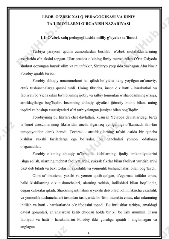 yati ham ma’lum davrdan keyin butunlay o’zgarishi mumkin. bundan tashqari forobiy ahloqiy tushunchalarning bir qanchasini izohlaydi, ularni sharhlab aqllilik, jasurlik, kuzatuvchanlik, donolik va solihlik bilan so’zlash kabi ijobiy fazilatlar haqida to’xtaladi, shuningdek, qalb o’likligi, farqsizlik kabi bir qancha salbiy xususiyatlar haqida fikr yuritadi. xiii asrning yirik vakillaridan biri muslihiddin sa’diy sheroziy o’zining ta’limotida ko’rsatib o’tishicha, insondagi ahloqiy xususiyatlar aksincha insonlar bilan o’zaro munosobatlarda rivojlanadi. o’zining “bo’ston”, “guliston“ va boshqa asarlarida u ahloqiy tarbiyaga katta o’rin ajratib, inson hayotida eng muhimi mehnat ekanligini ta’kidlaydi, mehnat odamni ulug’lashini aytadi. shu bois yoshlarga murojaat etib: “o’zing va boshqalar uchun mehnat qilgil”, deb ta’kidlaydi. sa’diy bolalarni tarbiyalash masalasida ota-onalarga ibratli maslahatlar beradi. farzandlarni vijdonan mehnat qildirishga, ularga ma’lum bir kasb sirlarini o’rgatishga chaqiradi. bolalarda insonparvarlik hissiyotlarini tarbiyalashni maslahat 1 berib, “sen odamlarda yaxshi xotira qoldiray desang, farzandlaringni yaxshilikka, yaxshi ishlar qilishga o’rgatgin, ularga nisbatan talabchan bo’lgin” deb nasihat qiladi. o’tmish ulug’larining tarbiya bo’yicha an’analarini …