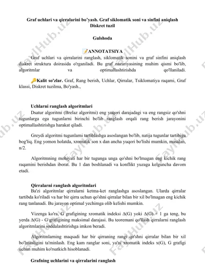 graf uchlari va qirralarini bo’yash. graf siklomatik soni va sinfini aniqlash diskret tuzil — DOCX