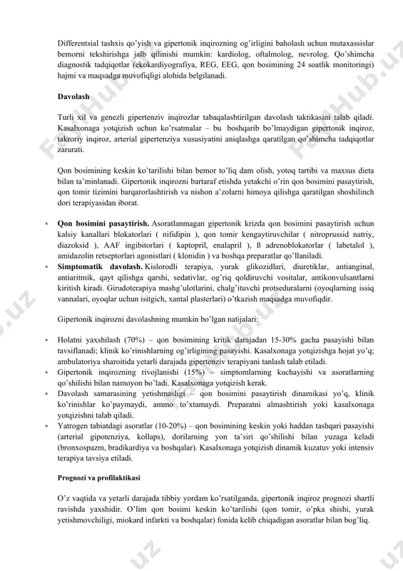 yqh barqarorligi va suv-tuz almashinuvini tartibga soladi. gipertonik inqirozning shishli shakli bo’lgan bemorlar ruhiy tushkunlik, befarqlik, uyquchanlik, makon va vaqtga nisbatan mo’ljal olish buzilgan. tashqi tekshiruvda terining oqarishi, yuzning shishishi, ko’z qovoqlari va barmoqlarning shishishiga e’tibor qaratiladi. odatda gipertonik inqirozdan oldin diurezning pasayishi, mushaklarning kuchsizligi, yurak ishidagi buzilishlar (ekstrasistoliyalar) bo’ladi. gipertonik inqirozning shishli shakli bilan sistolik va diastolik bosimning bir tekis ko’tarilishi yoki diastolik bosimning ko’proq ko’tarilishi tufayli puls bosimining pasayishi kuzatiladi. suv-tuzli gipertonik inqiroz bir necha soatdan bir kungacha davom etishi va nisbatan yaxshi kechishga ega bo’lishi mumkin. gipertonik inqirozning neyro-vegetativ va shishli shakllari ba’zida uyqusizlik, qizish hissi va terining qattiqlashishi, teginish va og’riq sezgirligining pasayishi bilan birga keladi; og’ir holatlarda – vaqtinchalik gemiparez, diplopiya, amauroz kuzatiladi. tutqanoq shakli gipertenziv inqirozning konvulsiv shakli (eng yuqori gipertenziv ensefalopatiya) uchun eng og’ir kechish xarakterlidir, bu tizimli qon bosimining keskin ko’tarilishiga javoban miya arteriolalari tonusining regulyatsiyasi buzilganda rivojlanadi. natijada paydo bo’lgan miya …
