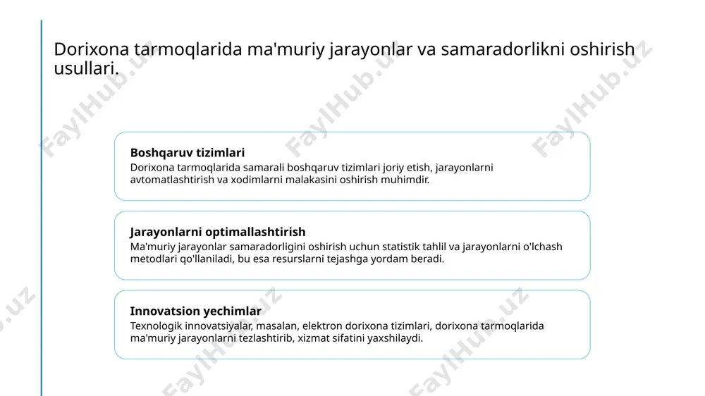 tekshiruvlardan o'tishi zarur. 4 regulyatsiya nazorati - regulyatsiya nazorati dorixona tarmoqlarida sifat va xavfsizlikni ta'minlash uchun muhimdir. bu nazorat tizimi, qonuniylik va muvofiqlikni kafolatlaydi. xulosa 1 dorixona tarmoqlari ahamiyati dorixona tarmoqlari sog'liqni saqlash tizimida muhim rol o'ynaydi, bemorlar uchun dori vositalarini ta'minlash va sifatni nazorat qilishda aniqlik kiritadi. 2 innovatsion yechimlar dorixona tarmoqlarida innovatsion yechimlar va yangi texnologiyalarni joriy etish samaradorlikni oshirib, jarayonlarni tezlashtiradi va xarajatlarni kamaytiradi. 3 regulyatsiya standartlari regulyatsiya standartlari dorixona tarmoqlarida sifat va xavfsizlikni ta'minlashda muhim ahamiyatga ega, bu esa bemorlar uchun sog'lom muhit yaratadi. e'tiboringiz uchun rahmat! /docprops/thumbnail.jpeg