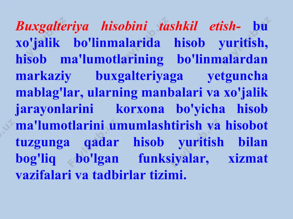ddati bo’yicha ekspertiza qilinadi bux. hisobini tashkil etishga qo’yiladigan asosiy talablar hisobot davrida xo’jalik muomalalarini to’liq aks ettirish ishlab chiqarish xarajatlari va kapital qo’yilmalarni alohida hisobga olish daromadlar va harajatlarni hisobot davrlariga to’g’ri olib borish analitik va sintetik hisobning tengligi buxgalteriya vazifalari korxona xo’jalik faoliyati va uning natijalari to’g’risida to’liq va ishonchli ma’lumotlar shakllantirish tashqi va ichki foydalanuvchilarni zarur axborotlar bilan ta’minlash moliya-xo’jalik faoliyatida noxush holatlarni o’z vaqtida oldini olish, rezervlarni aniqlash va safarbar qilish mahsulot ishlab chiqarish (ish, xizmat) uchun haqiqiy harajatlarni o’z vaqtida va aniq hisobga olish moliyaviy natijalarni aniq va ishonchli aks ettirish hodimlar mehnatiga haq to’lash nazoratini ta’minlash buxgalteriya hisobotini tuzish va taqdim etish uchun zarur ma’lumotlarni to’plash alohida hisob ishlari bo’yicha reja turlari xujjatlashtirish rejasi va xujjatlar aylanish grafigi buxgalteriya hodimlari mehnatini tashkil etish rejasi inventarizatsiya o’tkazish rejasi bajariladigan hisob ishlarining individual grafiklari hisobni texnik rasmiylashtirish rejasi bajariladigan hisob ishlarining tuzilmaviy va yig’ma grafiklari hujjatlar …