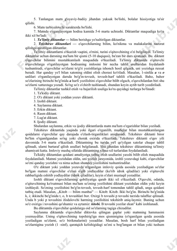 ki bolalar aniq material bilan ishlaydilar va uni tahlil qilish vaqtida qoidaning muhim qismlarini ajratadilar, qoidani ongli o'zlashtiradilar. nimanidir, masalan, so'zlarning talaffuzi va yozilishini, so'z turkum​larini, so'z qismlarini bir-biriga taqqoslash o'quvchilarning aqliy faol-ligini oshiradi. bunda yana qoidaning ajratilgan belgisini aniq yozib ko'rsatish ham ahamiyatli hisoblanadi. qoidada aks ettirilgan muhim fikrni ajratishga o'qituvchining savollari yordam beradi. bu savollar, o'z navbatida, qoidani shakllantirish rejasi ham hisoblanadi. qoida ustida jamoa bo'lib ishlash bilan birga, darslikdan foyda​lanib, mustaqii ishlash usuli ni qo'llash ham mumkin. yangi qoidani o'zlashtirishda o'rganilgan bilimlarga suyani-ladi. buning uchun yangi qoida ilgari o'rganilgan qoidalar bilan bog'lanadi. bunda qarshi qo'yish yoki taqqoslash usulidan foydala​niladi va o'xshash tomonlari aniqlanadi. masalan, tushum kelishigi qo'shimchasining yozilishini o'zlashtirishda u ilgari o'rganilgan qaratqich kelishigi qo'shimchasining yozilishi bilan taqqoslanadi va tushum kelishigi qo'shimchasi otning fe'l tomonidan boshqarilishini bildirishi aniqlanadi. qoidani bilib olish o'quvchilarda u haqdagi aniq tasawurning mav-judligiga bog'liq. qoida asosida hosil bo'lgan aniq tasavvur so'zlarda ifodalanadi. shuning …