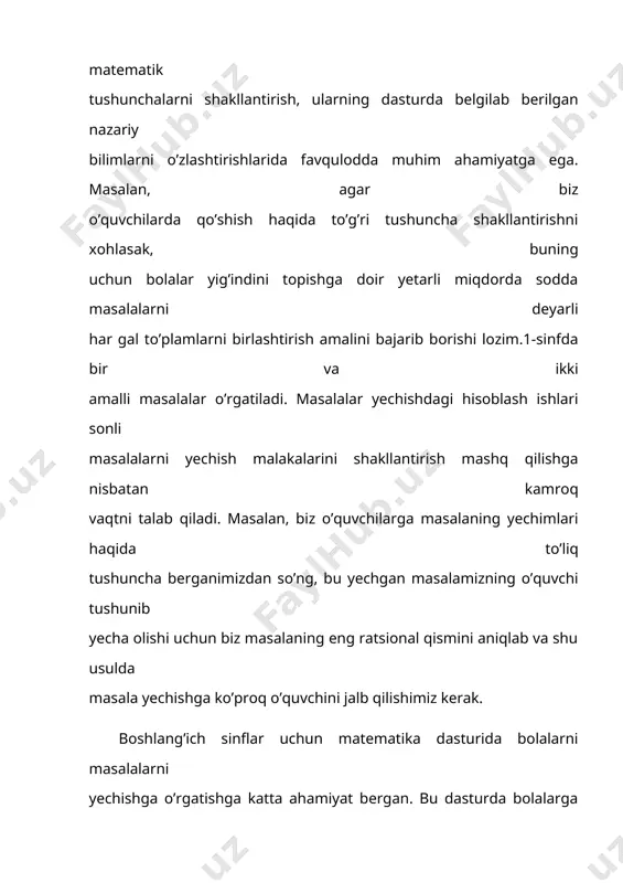 eskari masala sifatida qarash mumkin. bundan tashqari, sodda masalalar orasidan bilvosita ifodalangan masalalar ajratiladi. masalan quyidagi masala shunday masalalar jumlasiga kiradi. ,,stol ustida 7 ta qalam bor. bular qutidagi qalamlardan 4 ta ortiq. qutida nechta qalam bor?’’ bu masala shartida ,,ortiq’’ deyilgan masala esa ayirish bilan yechiladi. (7 – 4 = 3). sodda masalalarning asosiy turlarini quyidagicha taqsimlash boshlang’ich maktablarida qo’llanish uchun qulay: 1. arifmetik amallar mazmunini ochishga doir masalalar : yig’indini qoldiqni topishga doir masalalar, bir xil qo’shiluvchilar yig’indisini topishga doir masalalar, bo’lishga (mazmuniga ko’ra bo’lishga vat eng qismlarga bo’lishga) doir masalalar. 2. amalning noma’lum komponentlarini (qo’shiluvchi, kamayuvchi, ayriluvchi, ko’paytuvchi, bo’linuvchi, bo’luvchi) topishga doir masalalar. 3. bir necha birlik (yoki bir necha marta) ortiq (yoki kam) munosabati bilan bog’liq masalalar sonni bir nechta birlik (yoki bir nechta marta) orttirish 9yoki kamaytirishga doir bevosita (yoki bilvosita) ifodalangan masalalar, sonlarni ayirmali (yoki karrali) taqqoslashga doir masalalar. 4. kattaliklarning proportsional bog’lanishlariga doir …