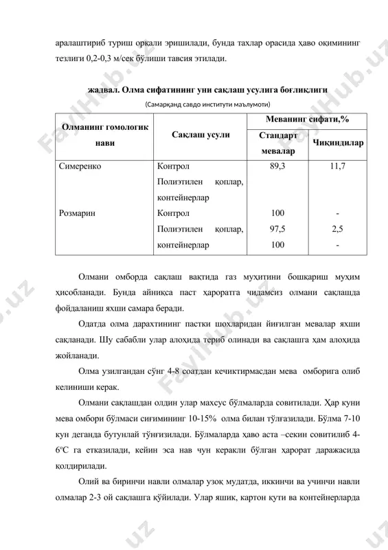 лиги уни сақлашни анча мушкуллаштиради. чунки ҳар нав уун сақлаш маълум сақлаш тартиби талаб қилинади. сақлаш даврида олмани кўздан кечириб туриш керак. олма жойлаштирилган яшиклар ҳар ойда бир икки марта қараб чиқилади. сақланадиган олмада нуқсон бўлса, улар қайтадан сортларга ажратилади нокнинг сақлашга чидамли навлаини 4-5 ой, кузги навларини эса 1,5-2 ой сақласа бўлади. нок олмага нисбатан тез уриниб қолади, шу сабабли уни узидан ва яшикларга жойлашда эҳтиёткорлик ишла талаб қилинади. нок одатда пишиб етилиш олдиндан узилиб, тоза ва куруқ яшикларга жойлаштирилади. яшиклар тагига қоғоз ёйиб, қўйилади, қоғознинг иккинчи учи нокнинг устига ёпилади. нокни шамат усулида жойлаштириб, қатор орасига қиринди сепиш ҳам мумкин. яшиклар худди олма сингари тахт қилиб қўйилади. газ муҳити бошқарилиб туриладиган омборларда нок 300-350 кг да контейнерларда сақланади. нокни сақлашда ҳарорат – 1 дан 2ос гача бўлиши мақбул ҳисобланади. кўпинча бу ҳароратда ўта кечпишар навлардан терилган мевалар жуда секин етилади ва сақлаш муддатининг охиргача рангини йўкотмай қаттиқ ҳолда …