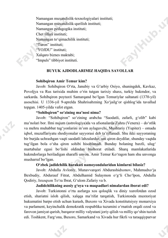 muhabbat tugʻyonlarini inʼom aylaguvchi, mushtariy (yupiter) – omadu iqbol, muzaffariyatu shodiyonalar sayyorasi deb taʼriflanadi. shu ikki sayyoraning bir burjda uchrashgan vaqti saodatli lahzalardur, uni qiron deydilar, shunday vaqtda tugʻilgan bola oʻsha qiron sohibi hisoblanadi. bunday bolaning baxtli, ulugʻ martabalar egasi boʻlishi oldindan bashorat etiladi. sharq mamlakatlarida hukmdorlarga beriladigan sharafli unvon. amir temur koʻragon ham shu unvonga musharraf boʻlgan. oʻzbek jadidchilik harakati namoyondalaridan kimlarni bilasiz? javob: abdulla avloniy, munavvarqori abdurashidxonov, mahmudxoʻja bexbudiy, abdurauf fitrat, abdulhamid sulaymon oʻgʻli choʻlpon, abdulla qodiriy, isxoqxon toʻra ibrat, g‘ulom zafariy va b. jadidchilikning asosiy gʻoya va maqsadlari nimalardan iborat edi? javob: turkistonni oʻrta asrlarga xos qoloqlik va diniy xurofotdan ozod etish, shariatni isloh qilish, xalqqa maʼrifat tarqatish, turkistonda muxtoriyat hukumatini barpo etish uchun kurash, buxoro va xivada konstitutsiyey monarxiya va parlament, keyinchalik demokratik respublika tuzumini oʻrnatish orqali ozod va farovon jamiyat qurish, barqaror milliy valyutani joriy qilish va milliy qoʻshin tuzish edi. toshkent, fargʻona, buxoro, samarkand …