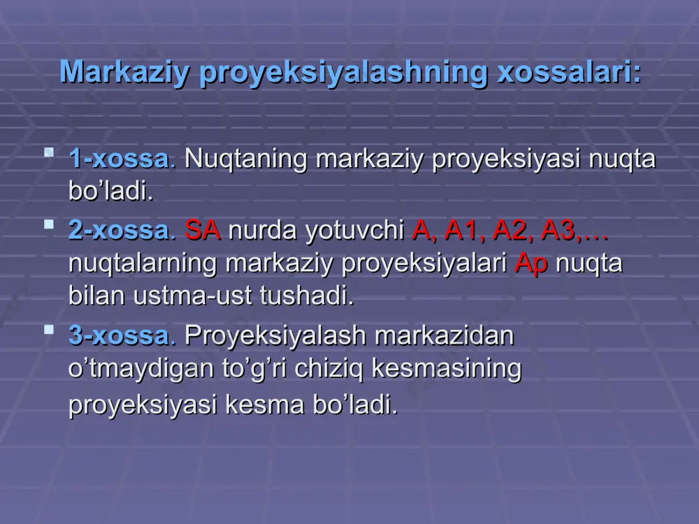 kisliklarga perpendikulyar o’tkazamiz va ularning bu tekisliklar bilan kesishish nuqtalarini aniqlaymiz. bu yerda a' – a nuqtaning gorizontal proyeksiyasi , a" – uning frontal proyeksiyasi deb ataladi. shakldagi aa' va aa" chiziqlar proyeksiyalovchi nurlar yoki proyeksiyalovchi chiziqlar deyiladi. ikkinchi chorakda joylashgan nuqtaning chizmasi fazoda ikkinchi chorakda joylashgan b nuqtaning proyeksiyalarini birinchi chorakda joylashgan nuqtaning proyeksiyalarini aniqlash bilan bir xil usulda topamiz. b nuqtaning chizmasini tuzish uchun h tekislikni rasmda ko’rsatilganidek v tekislikka jipslashtiramiz. demak, ii chorakda joylashgan har qanday nuqtaning gorizontal va frontal proyeksiyalari ox o’qiga perpendikulyar bo’lgan bir bog’lovchi chiziqda va ox o’qining yuqorisida joylashadi. uchinchi chorakda joylashgan nuqtaning chizmasi to’rtinchi chorakda joylashgan nuqtaning chizmasi nuqtaning uchta tekislikdagi ortogonal proyeksiyalari. o’zaro perpendikulyar bo’lgan uchta proyeksiyalar tekisligi kesishib, fazoni 8 qismga – oktantlarga bo’ladi. h tekislik – gorizontal proetsiyalar tekisligi, v – frontal proyeksiyalar tekisligi deyiladi, w tekislik profil proyeksiyalar tekisligi deb ataladi. proyeksiyalar o’qlarini tashkil qiluvchi ox – abssissalar …
