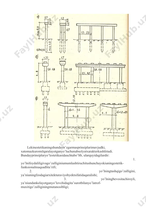 iy xindiston, gretsiya va xitoy davlatlari xaqidagi man’balarda yo’llar “tekis”, “ravon”, “keng”, “to’g’ri”,”yegri-bugri” degan terminlarni uchratishimiz mumkin. avtomobill yo’lini kommunikasion fenoyen sifatida urganar ekanmiz, qaralayotgan yo’l atrofida kuzatilayotgan obyektlardan olinayotgan informatsiyalarga ko’proq axamiyat beramiz. shuning uchun xam avtomobil yo’li fazosini (bo’shlig’ini) qamrash shartiga asosan xarakat jarayonidagi kuzatuv kiradi. bunda xaydovchi nazarida atrof rang-barangligi gox paydo bo’ladi, gox yo’qoladi, gox o’zgaradi,gox butunlay o’zgacha ko’rinish oladi. xuddi ana shu jarayon, ya’ni yo’l arxitekturasining kinetik san’ati (ijodi) bo’lib xisoblanadi.bunday san’at qo’yidagi shartli bosqichlardan tashkil topgan bo’lishi mumkin :marshrut qamrovi – atrofdagi rang-barangliklar faqat bir marshrut yo’nalishi bo’yicha qabul qilinadi.qaytarilish prinsipi (sharti) – o’zaro qarama-qarshi yo’nalish bo’yicha xarakatlanayotgan vositalar uchun fazoviy kanal sifatida avtomobil yo’li xizmat qiladi avtomobil yo’llarini qurish va uning ekspluatatsiyasi (ulardan foydalanish) atrof-muxitning ekologik muntazamligini buzilishida asosiy rol o’ynaydi. ya’ni muxitning fazodagi o’rniga shikast yetadi. muxandislik inshooti sifatida fazoviy tabiiy muxitning ko’pgina joyini egallab, biz urgangan tabiiy landshaft chiroyini bezadi. bu …