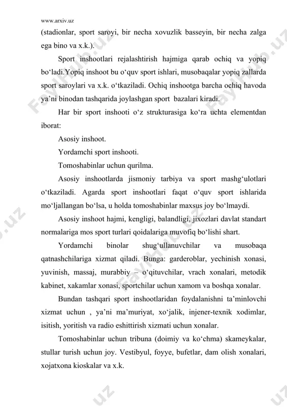 i. tramplin quvvati, sakrash uzunligi masofasi (chang‘ida sakrash tramplini). alohida qurilgan sportzallar sostavi. 3 jadvalda sport inshotlarining kategoriyalarini belgilash turlariga qarab keltirilgan. barcha ko‘rsatkichlari bilan kategoriyalarga kirmaydigan sport inshootlari ham bor. bularga toshkentdagi mitrafonov nomli suv sporti saroyi, yopiq stadion, jizzax, farg‘ona, andijon, samarqand, namangan, buxoro va boshqa shaxarlardagi sport saroylari. qabul qilingan ko‘rsatgichlarga asosan sport inshootlari uchun 1-11 kategoriyalarni o‘zbekiston davlat sport qo‘mitasi belgilaydi. qolganlarini esa respublika davlat qo‘mitalari belgilaydi. bu kategoriyalarga kirmaydigan sport inshootlari o‘zbekiston mehnat va ish haqi bo‘yicha davlat qo‘mitasi aniqlaydi.