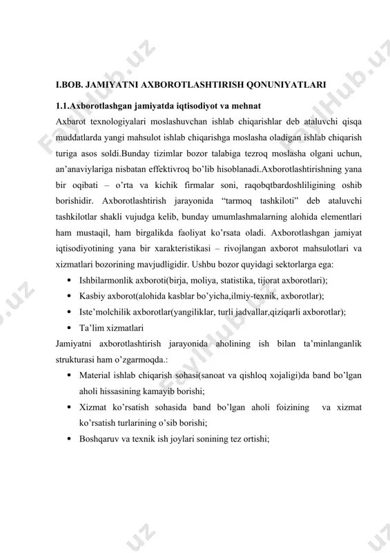 ining yana bir elementi kollektiv qaror qabul qilish metodikasini egallash hisoblanadi. umumiy axborot doirasidagi kishilar bilan muloqot qila olish qobiliyati axborotlashgan jamiyat a’zosining muhim xususiyatidir. tarmoq madanyati axborot uzatishning interaktiv, individual usullarining kashf etilishi turli extiyoj va qiziqishlar bilan birlashgan kishilarning virtual jamiyat va guruxlarini vujudga keltirdi .yangi axborot texnalogiyalari va texnik vositalar ushbu jamiyat va guruxlarning bitta davlat va hudud chegaralaridan chiqib, jaxon bo’ylab yoyilishiga olib keldi.bularga masalan, turli ilmiy jamiyatlar, vitual klublar, internet forumlar, shou biznes yulduzlari fanatlari klublari, tor soha mutaxassislari virtual kengashlari va boshqa ko’plab tarmoq jamiyatlari misol bo’ladi. axborotlashgan jamiyatda ta’lim tizimi. ta’lim tizimi – eng konservativ tizim bo’lishiga qaramay axborotlashgan jamiyatga o’tish jarayonida aloxida xususiyatlarga ega bo’ladi: · axborot texnologiyalari yordamida o’quv jarayonining individuallashtirilish; · standart o’quv jarayonining turlilashtirilishi; · moslashuvchan-individual o’quv dasturlari tizimining rivojlanishi; · o’quv muassasalarining nomarkazlashtirilishi:uyda o’qitish,turli o’quv guruxlarining tashkil etilishi; · o’quv muassasi boshqaruvini axborotlashtirish: ta’lim muassasalarining axborot tizimlari bilan …