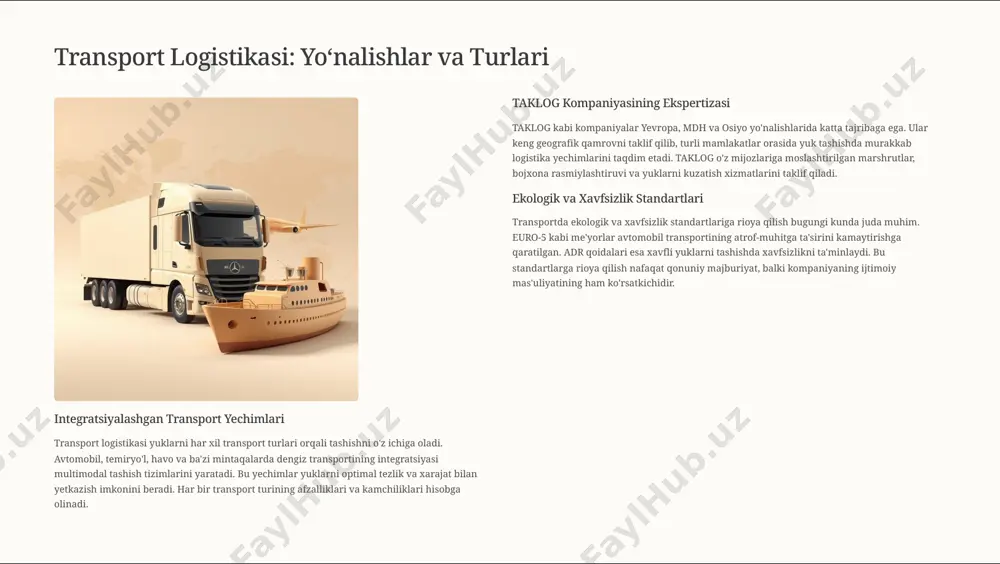 adi. axborot resurslari va avtomatlashtirish logistika operatsiyalarini avtomatlashtirishda axborot resurslari hal qiluvchi rol o'ynaydi. buyurtmalarni qayta ishlash, inventarlarni boshqarish, transportni rejalashtirish va xarajatlarni hisoblash kabi jarayonlar avtomatlashtiriladi. bu esa inson omiliga bog'liq xatolarni kamaytiradi va umumiy samaradorlikni oshiradi. o8zbekiston transport-kommunikatsiya so8nggi rivojlanishlari o8zbekiston transport va kommunikatsiya sohasida ulkan islohotlar va modernizatsiya jarayonlarini amalga oshirmoqda. temiryo8l va avtomobil yo8llari mamlakatda temiryo8l va avtomobil yo8llarining modernizatsiyasi jadal davom etmoqda. yangi temiryo8l liniyalari qurilmoqda, mavjudlari elektrlashtirilmoqda. avtomobil yo8llari infratuzilmasi ham zamonaviy standartlarga muvofiq yangilanmoqda, bu esa yuk tashish tezligi va xavfsizligini oshiradi. logistika axborot markazlari logistika axborot markazlari tashkiloti va ularning samaradorligi transport oqimlarini boshqarishda muhimdir. bu markazlar yuklarning harakatini kuzatish, transport vositalarini rejalashtirish va barcha ishtirokchilar o'rtasida ma'lumot almashishni ta'minlaydi. raqamli platformalar orqali ma'lumotlar real vaqt rejimida yangilanadi. xizmatlar kengayishi transport-logistika xizmatlarining kengayishi va raqobatbardoshligi mamlakatning iqtisodiy o'sishiga xizmat qiladi. mahalliy va xalqaro logistika kompaniyalari sonining ortishi, xizmat ko'rsatish sifatining yaxshilanishi va …