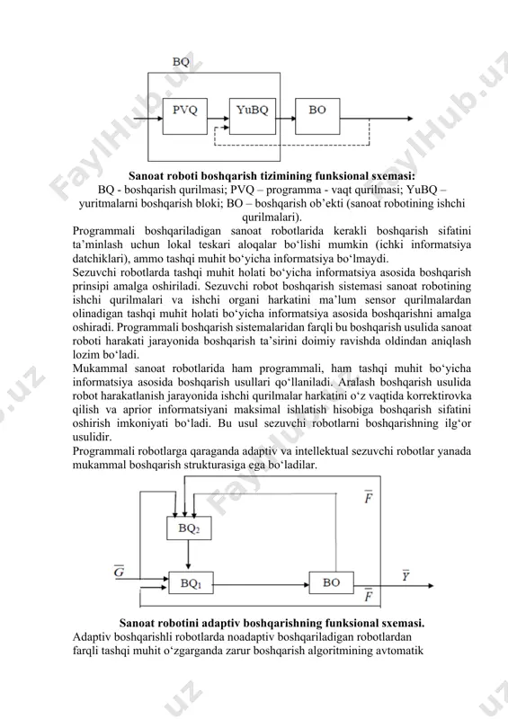 tiladi. ushbu y (t)=y b(t) tenglikka rioya qilinsa, programmaning aniq bajarilishi amalga oshiriladi va shunga mos ravishda robot ishchi qurilmalarning kerakli siljishlari amalga oshiriladi, ya’ni har bir yuritma o‘ziga taaluqli harakat darajasiga mos keluvchi g (t) programmani bajaradi va natijada to‘liqligicha kerakli harakat amalga oshiriladi. sanoat roboti boshqarish tizimining funksional sxemasi: bq - boshqarish qurilmasi; pvq – programma - vaqt qurilmasi; yubq – yuritmalarni boshqarish bloki; bo – boshqarish ob’ekti (sanoat robotining ishchi qurilmalari). programmali boshqariladigan sanoat robotlarida kerakli boshqarish sifatini ta’minlash uchun lokal teskari aloqalar bo‘lishi mumkin (ichki informatsiya datchiklari), ammo tashqi muhit bo‘yicha informatsiya bo‘lmaydi. sezuvchi robotlarda tashqi muhit holati bo‘yicha informatsiya asosida boshqarish prinsipi amalga oshiriladi. sezuvchi robot boshqarish sistemasi sanoat robotining ishchi qurilmalari va ishchi organi harkatini ma’lum sensor qurilmalardan olinadigan tashqi muhit holati bo‘yicha informatsiya asosida boshqarishni amalga oshiradi. programmali boshqarish sistemalaridan farqli bu boshqarish usulida sanoat roboti harakati jarayonida boshqarish ta’sirini doimiy ravishda oldindan …