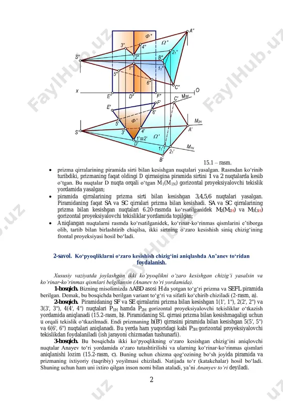 gan m1(m1n) gorizontal proyeksiyalovchi tekislik yordamida yasalgan;  piramida qirralarining prizma sirti bilan kesishgan 3,4,5,6 nuqtalari yasalgan. piramidaning faqat sa va sc qirralari prizma bilan kesishadi. sa va sc qirralarining prizma bilan kesishgan nuqtalari 6.20-rasmda ko„rsatilganidek m2(m2h) va m3(3h) gorizontal proyeksiyalovchi tekisliklar yordamida topilgan;  aniqlangan nuqtalarni rasmda ko„rsatilganidek, ko„rinar-ko„rinmas qismlarini e‟tiborga olib, tartib bilan birlashtirib chiqilsa, ikki sirtning o„zaro kesishish siniq chizig„ining frontal proyeksiyasi hosil bo„ladi. 2-savol. ko‘pyoqliklarni o‘zaro kesishish chizig‘ini aniqlashda an’anev to‘ridan foydalanish. xususiy vaziyatda joylashgan ikki ko‘pyoqlikni o‘zaro kesishgan chizig‘i yasalsin va ko‘rinar-ko‘rinmas qismlari belgilansin (ananev to‘ri yordamida). 1-bosqich. bizning misolimizda ∆abd asosi h da yotgan to„g„ri prizma va sefl piramida berilgan. demak, bu bosqichda berilgan variant to„g„ri va sifatli ko„chirib chiziladi (2-rasm, a). 2-bosqich. piramidaning sf va se qirralarini prizma bilan kesishgan 1(1', 1''), 2(2', 2'') va 3(3', 3''), 4(4', 4'') nuqtalari p1h hamda p2h gorizontal proyeksiyalovchi tekisliklar o„tkazish yordamida aniqlanadi (15.2-rasm, b). piramidaning sl …