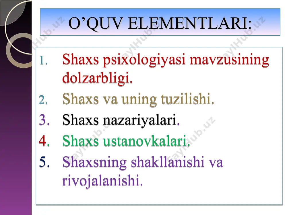 olashi, o‘z-o‘ziga hurmat va «men» - konsepsiyasi test shaxsning o‘zi, o‘z xulq-atvori xususiyatlari, jamiyatdagi mavqeini tasavvur qilishidan hosil bo‘lgan obraz-bu ... a) “referent” b)* “men” s) “ichki dialog” refleksiya deb nimaga aytiladi? a)* aynan o‘ziga o‘xshash odamlar obrazi orqali o‘zi to‘g‘risidagi obrazni shakllantirish, jonlantirishi b) o‘ziga nisbatan o‘ta qiziquvchanlik, kim ekanligini bilish va anglashga intilish s) shaxs uchun etalon, ibratli hisoblangan insonlar guruhi muammoli vaziyat siz darsingizni boshladingiz, auditoriyada tinchlik. shu payt birdaniga bir talaba kulib yubordi. siz unga hayrat va so‘roq nigohi bilan qaraganingizda, u sizga shunday dedi: “siz menga juda kulguli ko‘rinasiz, qachon sizga qarasam kulgim keladi”. siz unga qanday munosabat bildirasiz? simptom o‘z-o‘ziga baho nafaqat haqiqatga yaqin (adekvat), to‘g‘ri bo‘lishi, balki u o‘ta past yoki yuqori ham bo‘lishi mumkin. masalan: ... amaliy ko‘nikma o‘z-o‘ziga bahoning past bo‘lishi hamda o‘zi-o‘ziga baho o‘ta yuqori bo‘lishiga sabab bo‘luvchi omillarga sanab bering. “assisment” texnikasi shaxs psixologiyasi mavzusini o’tishda “kichik guruhlarda ishlash” …