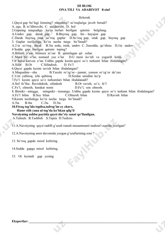 aplar d.so’roq gap, istak gap, buyruq gap 3. gaplar tuzilishiga ko’ra necha turga bo’linadi? a.2 ta so’roq darak b.3ta soda, istak, undov c. 2tasodda, qo’shma d,1ta undov 4 sodda gap berilgan qatorni toping? a.bilimli o’zar, bilimsiz to’zar b. qimirlagan qir oshar c.mard bir o’lar, nomard yuz o’lar d.u meni ko’rdi va yugurib keldi. 5 it hurar-karvon o’tar. ushbu gapda kesim qaysi so’z turkumi bilan ifodalangan? a.sifat b.ot c.sifatdosh. d. fe’l 6.qaysi gapda kesim ravish bilan ifodalangan? a.maqsadim—shu b.yaxshi ro’zg’or—jannat, yomon ro’zg’or do’zax c.usti yaltiroq, ichi qaltiroq d.sizdan umidim ko’p 7.fe’l kesim qaysi so’z turkumlari bilan ifodalanadi? a.sof fe’llar, ravishdosh, sifatdosh b.ot ravish, so’z, fe’l c.fe’l, olmosh, harakat nomi d.fe’l, son olmosh. 8. birniki—mingga, mingniki—tumanga. ushbu gapda kesim qaysi so’z turkum bilan ifodalangan? a.fe’l bilan b.soy bilan c.olmosh bilan d.ravish bilan 9.kesim tuzilishiga ko’ra necha turga bo’linadi? a.5ta b.4ta c.2ta d.3ta 10.firoq tog’ida topilsa,tufrog’im ey charx, hamr etib yana ul tog’da …