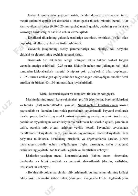 listlardan yasalgan metall konstruksiyalarda (kabina, kuzov, sisternalar, barabanlar va b.da) zanglash va mexanik shikastlanish (darzlar, ezilishlar, uzilishlar) lar uchraydi. - bо‘shashib qolgan parchinlar olib tashlanadi, buning uchun ularning kallagi oddiy yoki pnevmatik zubilo bilan, yoki gaz alangasida kesib taglanadi yoki maxsus uchlik о‘rnatilgan drel bilan о‘yiladi. parchin mix о‘tadigan yeyilgan teshik parmalanadi va kattalashtirilgan о‘lchamda yо‘nib kengaytiriladi yoki teshik payvandlab tо‘ldiriladi va qaytadan teshik ochilib nominal о‘lcham bilan yо‘nib kengaytiriladi. birikmadagi barcha parchin mixlar almashtirilganda barcha teshiklar parmalanib, konduktorlar yordamida yо‘nib kengaytiriladi. parchin mixlar qizdirilgan xolda ham, sovuq xolda ham о‘rnatilishi mumkin. birinchi xolda parchin mix temirchilik о‘choqlarida 900-9500s gacha qizdiriladi yoki elektr kontaktli apparatda teshikka о‘rnatilib, pnevmatik yoki dastaki gidravlik parchinlash mashinalari yordamida parchinlanadi. ikkinchi xolda sovuq parchin mix osma gidravlik parchinlash qurilmasi yordamida bosim ostida о‘z joyiga о‘rnatiladi. asosiy metall va uning elementlarida payvand choklarda paydo bо‘ladigan darzlar va uzilishlar payvandlab tо‘ldiriladi. darz yanada kattalashib ketmasligi uchun darz …