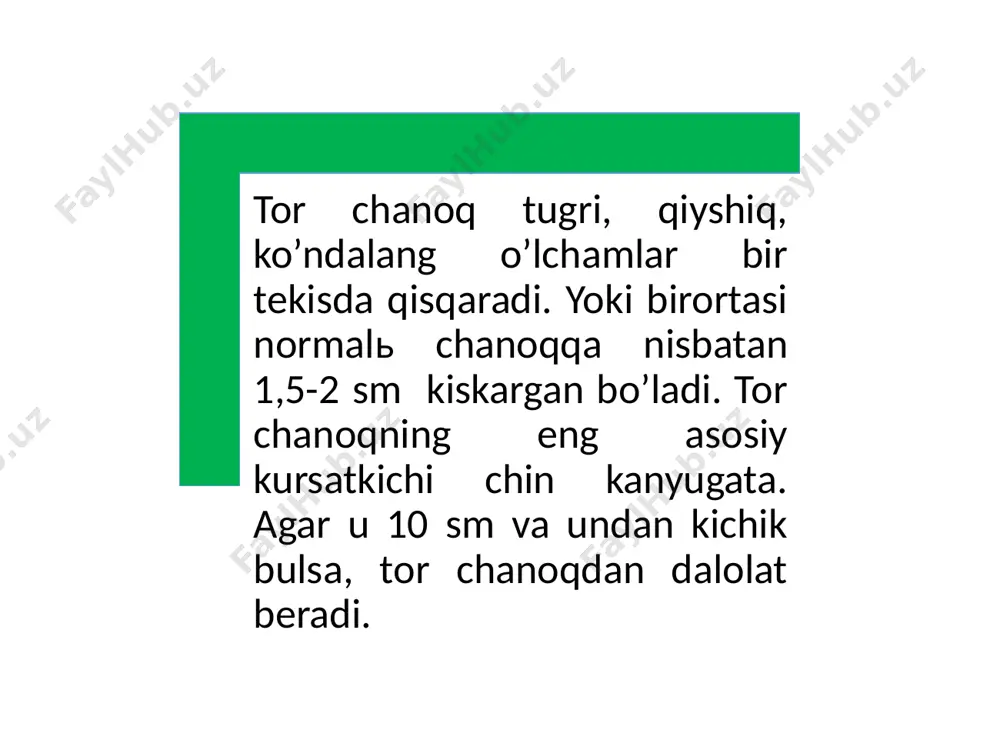 a profilaktika tugruqni rasional olib borish egk bulgan ayollarni uz vaqtida davolash yirik homilasi bulgan ayollarda tugruqda chanokni klinik baholab tugdirish behatar onalik principlarga amal qilgan holda tugruqlarni olib borish tugrukda partogrammani anik tuldirish tor chanoq anatomiyasi uni tarqalishi etiologiyasi torayish darajasiga ko’ra tasnifi patologiyasi ko’rishga bog’lik holda ona bola salomatligiga ta’siri ikkinchi qismida klinik tor chanoq aniqlanishini uning tarqalish hamda atch bilan ktch ayollar tug’ruq jarayoni namoyish etilgan. ma’ruza tushunarlimi ??? e'tiboringiz uchun rahmat! image4.jpeg image5.jpeg image13.png image14.png image15.jpeg image16.png image17.jpeg