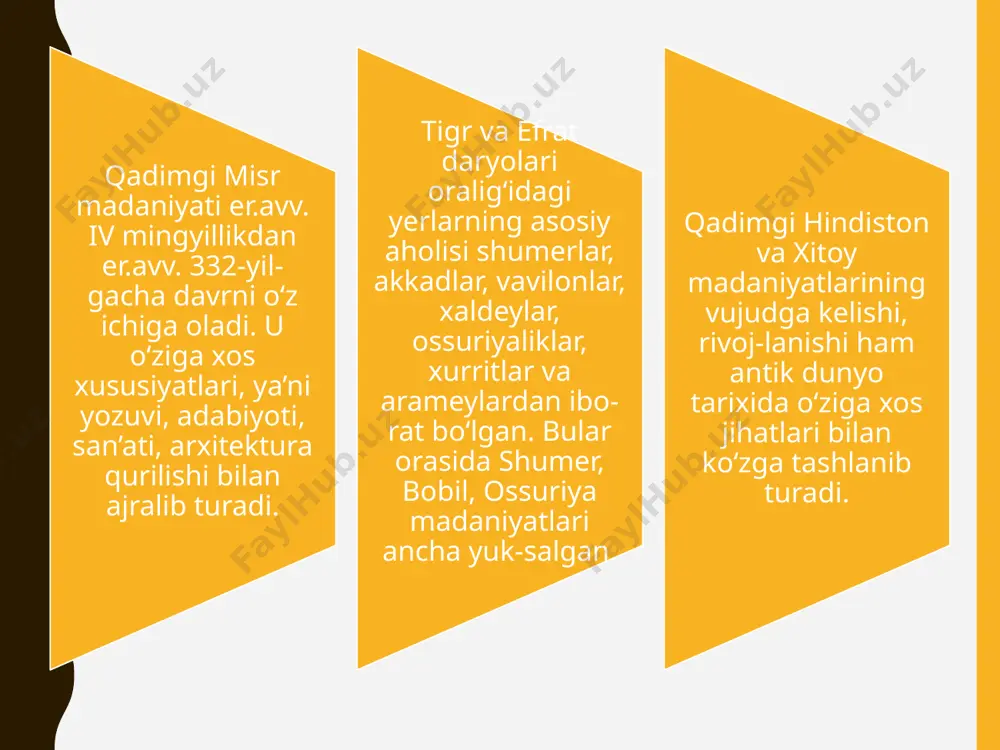 iklar topishgan. shahar qurilishi mohinjo-daro bilan deyarli bir xil. shaharda me’morchi-lik, to‘qimachilik, kulolchilik, toshtaroshlik, zargarlik, qurolsozlik ancha ri-voj topgan. xarappaliklar o‘zlarining iyeroglif yozuvlariga ham ega bo’l-gan1. ikkala shaharda ham yirik g‘alla omborlari topilgan bo‘lib, bu davlatni markazlashganlik darajasini ko‘rsatadi. hindlar dunyoda birinchi bo‘lib paxtadan mato to‘qib, kiyimlar tikkanlar, chunki shahardan kiyim tikish, qu-rolsozlik ustaxona qoldiqlarni topilgan. xarappa suv yo‘li va quruqlik orqa-li shumerlar bilan savdo aloqalari olib borgan ilk quldorlik davlati edi. ular gang va panjob daryo vohalarining unumdor yerlariga kelib o’rnash-ganlar va keyinchalik mahalliy xalq bilan aralashib ketganlar. oriylar bilan mahalliy xalq o‘rtasidagi qonli janglar hindlarning xalq og‘zaki ijo-diyoti namunalari bo‘lgan «mahabxarat» va «ramayana» dostonlarida ham aks ettirilgan. mil. avv. ii mingyillik o‘rtalaridan boshlab eron va turon orqali hindistonga ko‘chmanchi, chorvador oriy qabilalari bostirib kiradi. hindlar o‘zlarining qadimiy yozuvlariga ega bo‘lganlar. ularda astro-nomiya va matematika ham ancha rivoj topgan. hindlar quyosh va suv soat-laridan foydalanganlar, o‘zlarining taqvimlarini tuzganlar. xalq …