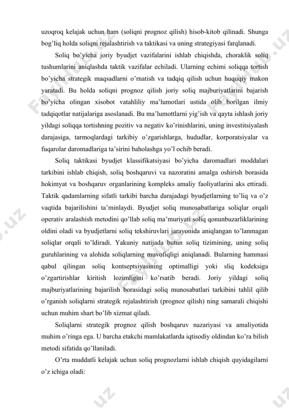 (prognoz qilish) ning samarali chiqishi uchun muhim shart bo’lib xizmat qiladi. soliqlarni strategik prognoz qilish boshqaruv nazariyasi va amaliyotida muhim o’ringa ega. u barcha etakchi mamlakatlarda iqtisodiy oldindan ko’ra bilish metodi sifatida qo’llaniladi. o’rta muddatli kelajak uchun soliq prognozlarni ishlab chiqish quyidagilarni o’z ichiga oladi: 1. hududlar mulki daromadliligini baholash (hududlar moliyaviy ta’minlanganligi koeffitsentlari va byudjet samaradorligi qo’llaniladi), hududlarning ixtisoslashgan tarmog’larini texnik tiklashga, yangilashga talabini baholash, mehnat haqi holati, hudud resurs bazsini, hududning iqtisodiy import operatsiyalarida ishtiroki, ishlab chiqarish va ijtimoiy infrastruktura sifati trasport magistrallari bilan ta’minlanganligi va hakozolarni baholash. bu ma’lumotlar hududning yalpi daromadini, uning iqtisodiy, moliyaviy va soliq potentsiallarini metodik hisoblashda ma’lumot bazasini tashkil qiladi. 2. hududning iqtisodiy o’sishini hisobga olgan holda soliq tushumlari hajmini prognoz qilish. bu ma’lumotlar barcha darajadagi byudjetlarning shakllanishida muhim ahamiyatga ega, zero bularda hududlarning subsidiya, subventsiya, dotatsiya va transfert moliyalashtirish kderal resurslarga bo’lgan talablari ancha aniq aks etishi mumkin. hudud potentsialini bilish soliqqa …