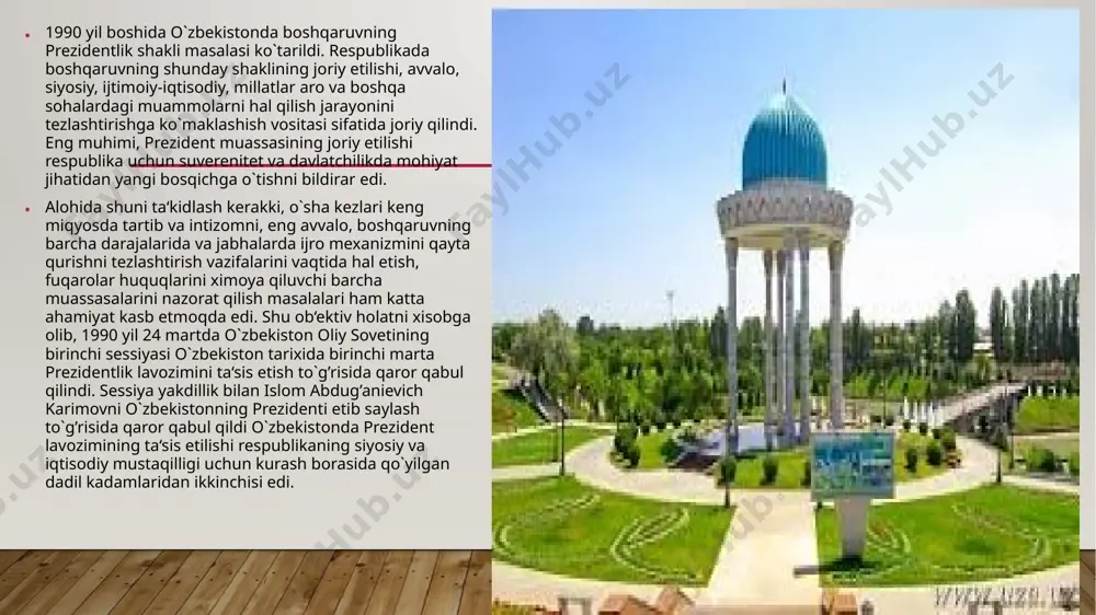 brda o`tkazilgan o`zbekiston respublikasining referendumi yakunlaridan ham yaqqol ko`rib olish mumkin. umumxalq referendumida 9 million 898 ming 707 kishi yoki saylov ro`yxatiga kiritilganlarning 94,1 foizi qatnashdi. o`zbekiston respublikasining mustaqil davlat deb e‘lon qilinishini yoqlab 9 million 718 ming 155 kishi yoki referendumda qatnashganlarning 98,2 foizi ovoz berdi. demak, o`zbekistonning dalat mustaqilligi umumxalq tomonidan yakdillik bilan ma‘qullandi.o`sha, 1991 yilning 29 dekabrida xalqimiz uzoq yillik mustamlakachilikdan so`ng mustaqillik ramzi sifatida birinchi marta umumxalq xoxish-irodasi bilan mustaqil o`zbekiston respublikasi prezidentini saylandi foydalanilgan adabiyotlar 1. mirziyoyev sh.m. buyuk kelajagimizni mard va olijanob xalqimiz bilan birga quraylik. t.,o‘zbekiston, 2017. 488 bet. 2. karimov i. tarixiy xotirasiz kelajak yo`q. toshkent, 1998 3. eshov b. , odilov а. o’zbekiston tarixi. 1-jild, darslir,-т.: yangi asr avlodi. 2014. 4. usmonov q. o’zbekiston tarixi. т. 2015. 5. shirinova f., ziyaeva d. o’zbekiston tarixi. o’quv qullanma. i qism т. 2015. 6. shirinova f., ziyaeva d. o’zbekiston tarixi. o’quv qullanma. ii qism …