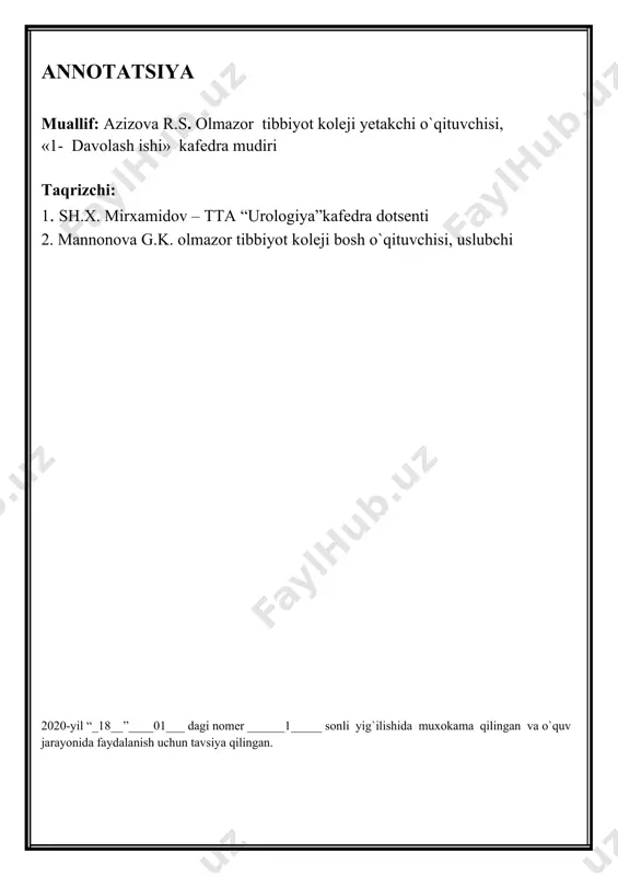o`lishi xozirgi kunning davr talabi xisoblanadi. “hamshiralik ishi”yo`nalishi bitiruvchilarning yuqori kasbiy tayyorgarlik va malakaga ega bo`lishlarida “xirurgiya va reanimatsiyada hamshiralik ishi” fani aloxida orin tutadi. ushbu maruza matnida xar bir maruza uchun reja, nazorat savollari, tayanch iboralar, foydalaniladigan adabiyotlar ro`yxati kiritilgan. maruzani bayon etishda xar bir xirurgik kasalliklarga ta`rif berilgan, kelib chiqish sabablari, klinik belgilari, tekshirish va tashxis usullari, davosi va xamshiralik parvarishi keng ko`lamda yoritilgan. maruza matni o`quvchilar o`rganishi kerak bolgan barcha nazariy bilimlarni to`liq qamrab olgan. ushbu maruzalar to`plamidan foydalanish “xirurgiya va reanimatsiyada hamshiralik ishi” fanini o`qitishda darsning samaradorligini oshirish imkonini beradi. 1.tta . sh.x. mirxamidov – tta “urologiya”kafedra dotsenti 2. olmazor tuibbiyot koleji bosh o`qtuvchisi, uslubchi mannanova g.k: kirish «ta’lim to’g’risida» gi qonun va «kadrlar tayyorlash milliy dasturi » ning asosiy talablaridan biri, zamon talablariga javob beradigan, jahon standartlariga mos keladigan bilim, ko’nikma, malaka, shaxsiy fazilatlarga ega bo’lgan, mehnat bozorida raqobat bardosh kadrlar tayyorlashdan iborat. o’zbekiston respublikasida …