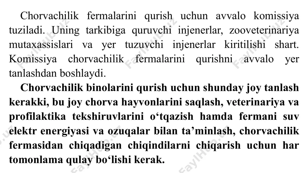 htlardan qurish tavsiya etiladi. binolarning devorlarini doimo toza-ozoda saqlash ohaklab turish va turli xil veterinariya sanitariya ishlarini (dizinfeksiya, dizinseksiya va derotizatsiya) o‘z vaqtida o‘tkazib turish lozim. binoning shiftini ham devori issiq saqlovchi materiallardan qurish maqsadga muvofiq. shiftning devorlari tekis bo‘lishi binolarda dizinfeksiya ishlarini o‘tkazishda bir muncha qulayliklar olib keladi. binoning poli doimiy issiq va toza saqlash uchun yog‘och poldan foydalanish ijobiy samara beradi. lekin biroz qimmatga tushadi. keyingi yillarda molxonalar pollarini qurishda temir beton pollardan foydalanmoqda. lekin temir beton pollar issiqlikni yomon saqlaydi va nam bo‘ladi hamda hayvonlarning to‘yoqlarining shkastlanishiga sabab bo‘ladi. buning oldini olish maqsadida dunyoning bir qancha mamlakatlarida maxsus rezina to‘shamalardan foydalanilmoqda. keyigni yillarda dunyoning bir qancha mamlakatlarida chorva hayvonlarini saqlash va parvarishlashda yengil tipda ixchamlashtirib qurilgan binolardan foydalanish keng qo‘llanilmoqda. bunday binolardan foydalanish bir qancha qulaliklarga ega. birinchidan ular arzon materiallardan quriladi. ikkinchidan ularning bir joydan ikkinchi joyga ko‘chirish imkoniyati mavjud. uchinchidan bunday binolardan foydalanish chorvachilik fermalarida …