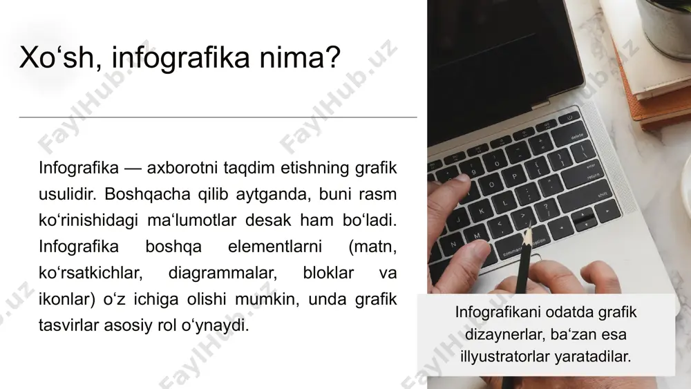 afika tayorlash endi esa amaliy jarayonga to`xtalib o`tamiz! birinchi navbatda canva platformasidan ro`yxatdan o`tib olamiz ro`yxatdan o`tib olganimizdan so`ng mana shunday bosh sahifa ochiladi. infografika bo`limini tanlaymiz. infografika bo`limiga kirganimizdan so`ng bizga mana shu ko`rinishda turli xil infografika shablonlarini chiqarib beradi. biz bu yerda o`zimiz hohlagancha dizaynga ham keltirsak bo`ladi. yuqori qismida matnlar shirfti, o`lchami, rangilaarni o`zgartirish mumkin. yon tarafida esa obyektlarni, shablonlarni, qo`shimcha matnlar qo`shishiz mumkin. endigi navbat tayor infografikani yuklash jarayoniga! yuqoridagi baham ko`rish menyusiga kirib, yuklab olish menyusi orqali pdf yoki png yoki ppt variantda ham yuklab olishiz mumkin. e’tiboringiz uchun rahmat!!! mulaydinov farxod murotovich kokand university image1.jpeg image2.png image3.svg image3.png image4.png image5.png image7.svg image6.jpeg image7.jpeg image8.png image11.svg image9.png image13.svg image10.png image11.png image12.png image17.svg image13.png image19.svg image14.png image21.svg image15.png image16.png image20.jpg image26.png image27.png image28.jpg image29.png image30.png image31.png image32.jpg image33.jpg image34.jpg image35.png image36.png image37.jpg image38.png image46.svg image39.jpg image40.png image41.png image42.png image43.png image44.png image45.png image46.png /docprops/thumbnail.jpeg