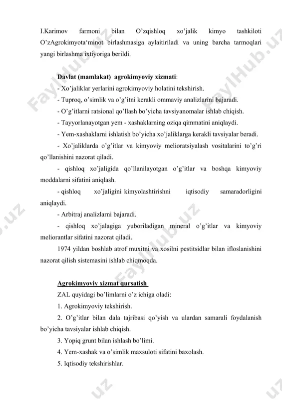 aradorligini o’rganish bo’yicha dala tajribalarini o’tkazish va ularni xo’jalikda ratsional ishlatish bo’yicha tavsiyanoma berish. - tayyorlanayotgan yem-xashaklarni oziqa qimmatini analiz qilish. - o’g’itlarni to’g’ri ishlatishni va tuproq melioratsiyasi vositalarini nazorat qilish. - qishloq xo’jaligida qo’llanilayotgan o’g’itlar sifatini aniqlash. - o’g’itlarni qo’llashni iqtisodiy samaradorligini aniqlash. - qishloq xo’jalik yerlarini agrokimyoviy tekshirish o’g’itlar bilan qo’yilgan dala tajribasi ma‘lumotlarini umumlashtirish. laboratoriya analizlari natijasida tuproq kartasi tuziladi. tuproq kartasi: 1:25 000, 1:10 000, 1:5 000, 1: 2 000 masshtabda bo’ladi. tuproq xaritasidan tashqari xo’jalik tuproqlarining. 1. agrokimyoviy xaritanoma 2. agrokimyoviy ocherk tuziladi va shu asosida tuproqlarning agrokimyoviy xarakteristikasi beriladi va o’g’itlar qo’llash to’g’risida tavsiyanoma beriladi. hosilni hisoblash, tuproqni, o’simlikni analiz qilish, olib chiqishni aniqlash tuproqni agrokimyoviy ko’rsatkich bilan o’g’it samaradorligi o’rtasidagi bog’liqlikni aniqlaydi. bitta zal bir yilda 25-30 ta dala tajribalari o’tkaziladi. qishloq xo’jaligiga agrokimyoviy xizmat ko’rsatish markaziy instituti 1969 yilda markaziy nazorat agrokimyoviy laboratoriyasi bazasi tashkil etildi. agrokimyoviy xizmat ko’rsatishning eng yaxshi formasi …