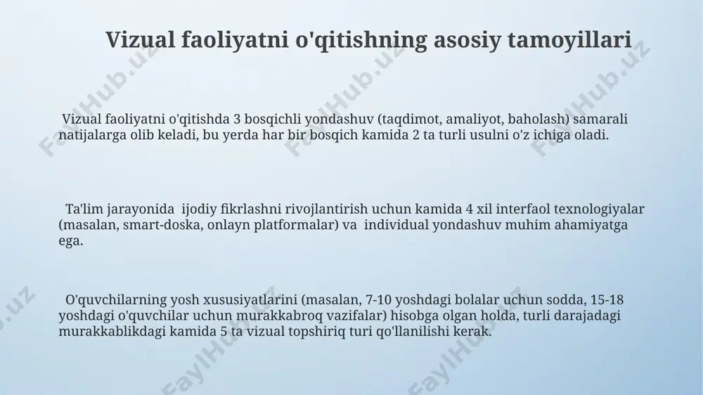xshi, qoniqarli, qoniqarsiz) qo’llanilishi va har bir mezon bo’yicha olingan ballar yig’indisidan yakuniy baho aniqlanishi mumkin. портфолио 3 ta asosiy bo’limdan: shaxsiy ma’lumotlar, ijod namunalari va o’z-o’zini baholashdan iborat bo’lishi mumkin, har bir bo’lim 20% dan baholanadi. o’quvchining 5 ta eng yaxshi ishi (rasm, eskiz, dizayn va boshqalar) tanlanib, ularning texnik mahorati, ijodiyligi va konseptual fikrlash darajasi ko’rsatkichlari asosida baholanadi. vizual materiallarni yaratish texnikalari video yaratishda, montaji texnikalarini qo'llash, masalan, tezlashtirilgan suratga olish (time-lapse) yoki sekinlashtirilgan suratga olish (slow-motion), o'quv jarayonini dinamik va qiziqarli qilish uchun samarali vositadir. infografika yaratishda 5 dan ortiq ranglardan foydalanmaslik, shriftlarni o'zgartirishdan saqlanish va matn miqdorini 70 so'z bilan cheklash, vizual materiallarning o'qilishi va tushunilishi uchun muhim ahamiyatga ega. vizual materiallarni yaratishda 3d modellashtirish dasturlari, masalan, blender yoki cinema 4d kabi, 2d rasmlardan ancha murakkab va hajmli vizual kontent yaratish imkonini beradi, bu esa o'quv jarayonini yanada jozibador qiladi. taqqoslash va farqlash usullari taqqoslash usullaridan …