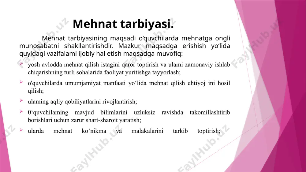 ay vaziyatlariga barqaror qarshi tura olishini mustahkamlash; 2) asosiy harakatlantiruvchi sifatlami rivojlantirish - bolaning xilma-xil harakatga doir faoliyatga qobiliyatliligi uning barcha jismoniy sifatlari - kuchlilik, chidamlilik, chaqqonlik va epchillikni yuksak uyg‘unlikda rivojlanishini ta’minlaydi; 3) hayotiy muhim harakatga oid ko'nikma va malakalami shakllantirish ^ bolada maxsus harakatga doir bilim, ko‘nikma va malakalami tarkib toptirish. harakatga doir tasawurlarga tayangan holda bola turli sharoitlarda o‘z xatti-harakatlarini boshqara olish imkoniyatiga ega boladi; 4) jismoniy madaniyatning tizimli mashg‘ ulotlariga barqaror qiziqish va ehtiyojlami tarbiyalash. soglom turmush tarzining asosida bolaning doimiy ravishda o‘z-o‘zini jismonan rivojlantirishga ichki tayyorligi yotadi. u muntazam jismoniy mashqlar bilan shug‘ullanish va bolalaming jismoniy mashg‘ulotlarga faol munosabati natijasida vuzaga keladi; 5) jismoniy madaniyat va sport, tibbiy va gigiyena sohalariga oid minimum nazariy bilimlarni egailash zarurligi. bolalar kun tartibi va shaxsiy gigiena haqida, jismoniy madaniyat va sportning salomatlikni mustahkamlashdagi ahamiyati haqida aniq tasawurlarga ega bo'lishi zarur. b.t.lixachev jismoniy tarbiyaning quyidagi vazifalarini ajratib ko‘rsatadi: 1) …