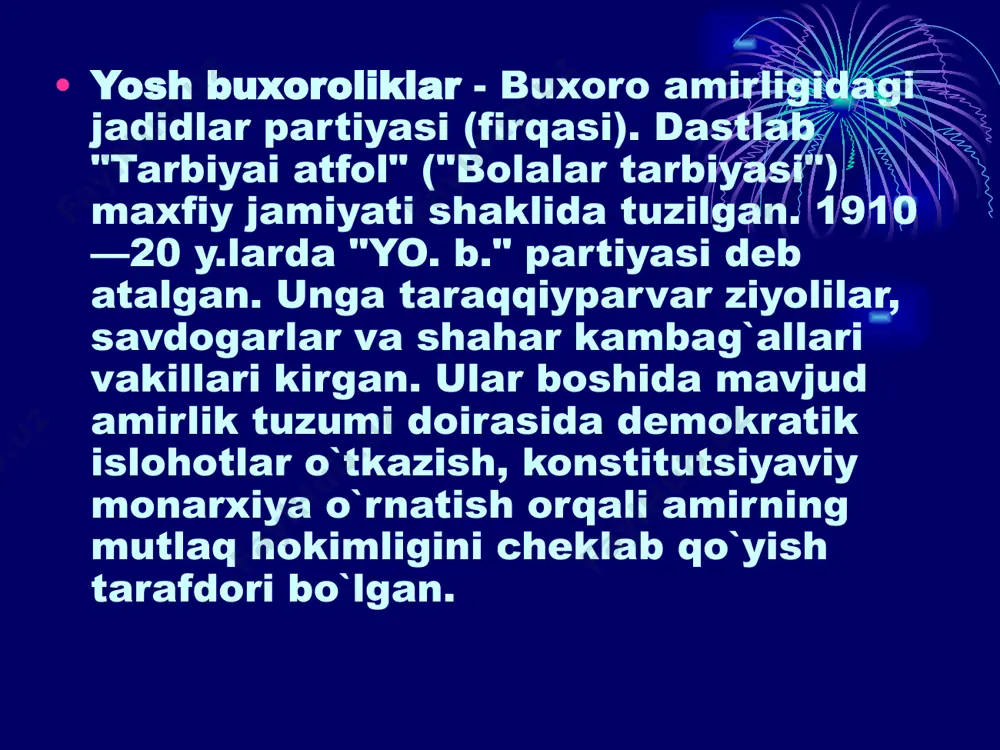 smon xo`jayev boshchiligidagi so`l qanoti farmon e`lon qilingan kunning ertasiga buxoro sh.da katta namoyish uyushtirdi va registonda miting o`tkazdi (q. buxoroda 1917 yil aprel namoyishi). 14 aprel da amir o`z farmonini bekor qildi. yo. b. endi amir hokimiyatiga qarshi yashirin kurash yo`liga o`tdi. ular buxoro sh.ni tark etishga majbur bo`ldi va yangi buxoro (kogon)ga kelib o`rnashdi. kogonda ular safiga buxorodan avval chiqib ketgan yirik savdogar muhiddin mansurov o`g`illari (abdulqodir, amin, isom muhiddinov) va b. bilan kelib qo`shildi. 1917 y. aprel vokealari yo. b. partiyasi ichidagi bo`linishni chukurlashtirdi va unda a. burhonov boshchiligidagi o`ng qanot vaqtinchalik ustun keldi. keyinchalik yo. b. partiyasidan qisman isloxrtlar o`tkazish tarafdori bo`lgan jadidlarning ulamolar bilan bog`langan ikrom domla boshchiligidagi guruhi ajralib chikdi.