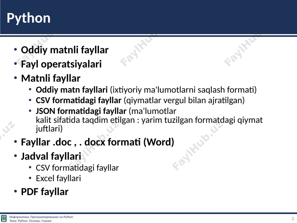 ython-fileio 8 my_file = open ( "myfile.txt" , "w+" ) my_file.write ( " salom , fayl ! " ) my_file.close () 9 matn faylini yaratish boshida my_file o'zgaruvchisi e'lon qilinadi . keyin o'rnatilgan ochish va yozish funktsiyalari faylni ochish va yozish uchun ishlatiladi . "w+" yangi faylga yozish amalga oshirilishini bildiradi. agar u mavjud bo'lsa, unda yangi tarkib mavjud bo'lganiga yozilishi kerak. agar siz uning o'rniga "w" opsiyasidan foydalansangiz, fayl avval mavjud bo'lmagan taqdirdagina yaratiladi. shuni ta'kidlash kerakki, o'zgarishlar saqlanishi uchun fayl har doim oxirida yopilishi kerak. информатика. программирование на python тема: python. основы. строки https://pythonru.com/osnovy/prostoj-sposob-sozdat-fajl-v-python 9 my_file = open ( "myfile.txt" , "a+" ) my_file.write ( " yangi matn qo'shish " ) my_file.close () agar siz faylga yangi ma'lumotlarni qo'shishingiz kerak bo'lsa, u holda "w+" o'rniga "a+" parametrini ishlatish kifoya . belgidan foydalanishni unutmaslik kerak \n . 10 faylga ma'lumot qo'shish информатика. программирование на python тема: python. основы. строки …