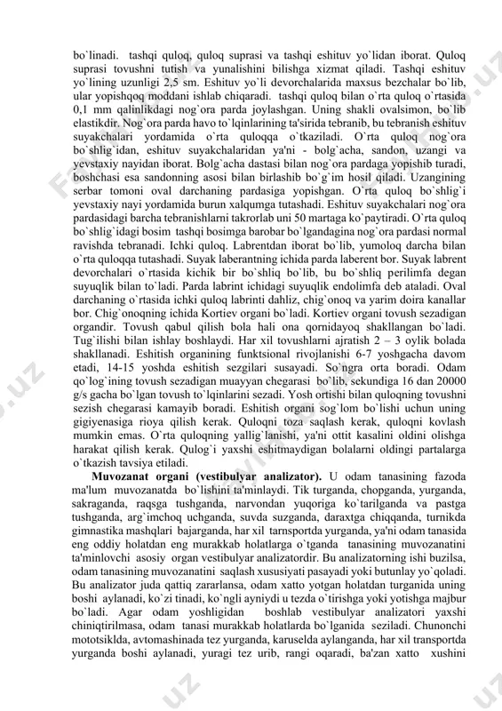 di. ko`zning butun optik sistemasini nur sindirish kuchi uzoqka qaraganda 58d yaqin masofada esa — 70d. shox parda, gavhar orqali sariq dog` markaziga o`tgan chiziqqa ko`ruv o`qi deb ataladi. narsalarning tasviri to`r pardaga kichkina va teskari bo`lib tushadi. narsa ko`zdan qancha narida tursa, to`r pardadagi tasviri shuncha kichik bo`ladi va aksincha narsa ko`zga qancha yaqinroq tursa to`r pardadagi tasvir o`shancha katta bo`ladi. narsalarning tabiiy ravishda ko`rilishi hayot tajribasiga bog`liq. ko`z akkomodatsiyasi. akkomodatsiya ko`zning moslanishi bo`lib ya'ni ko`zning uzoqni va yaqinni ko`rishini ta'minlaydi. ko`z akkomodatsiyasi ko`z soqqasini harakatga keltiruvchi nervini parasimpatik tolalari bilan ta'minlangan kipriksimon muskullarni reflektor qisqarishi natijasida gavharni elastikligi o`zgarishi bilan vujudga keladi. odam yaqindan narsalarga qaraganda gavhar qavariqroq bo`ladi, uzoqdan narsalarga qaraganda esa yassiroq bo`ladi. ko’rish o’tkirligi. ikkita buyum bir-biriga qo’shilib ketmasdan ular oralig’idagi eng kichik masofa bilan belgilanadi. ko’rish o’tkirligi maxsus golovin jadvali yordamida aniqlaniladi. ko`zning ko`rish maydoni. ko`zni harakatlantirmay turganda atrofdagi buyumlarni, ularning rangini ko`ra olish …