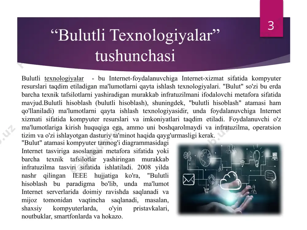 ishi bilan ta’minlanishni ko‘zda tutadi. ma’lumot uzatish tarmoqlari, serverlar, ma’lumot saqlash qurilmalari, servis dasturlari – birgalikda ham, alohida ham bulutli texnologiyalarning tarmoq resurslariga misol bo‘lishi mumkin. boshqacha qilib aytganda, bulutli texnologiyalar (cloud technologies) – bu kompyuter resurslarini internetdan foydalanuvchiga so‘rov bo‘yicha (on demand) onlayn-servis sifatida taqdim eta oladigan ma’lumotlarni qayta ishlash texnologiyalaridir. shuni ham aytish zarurki, bulutlitexnologiyalar vujudga kelayotgan raqamli iqtisodiyot poydevoriga ulkan hissa qo‘shgan va qo’shayapti. bulutli hisoblashning mohiyati texnologiyalar 8 bu hissa faqatgina texnologik tarkibiy qismlar bilan chegaralanmaydi, balki iqtisodiy va g‘oyaviy tarkibiy qismlarni ham o‘z ichiga qamrab oladi. bulutli texnologiyalar rivojlanishi, masalan, talab bo’yicha ishlab chiqarish (production on-demand), xizmat sifatidagi dasturiy ta’minot (software as a service) kabi kelajak biznes- modellarining aksariyati uchun asosiy g‘oyaga va ko‘plab iqtisodiy o‘zaro aloqalar uchun tamoyilga aylanadigan tushunchalar paydo bo‘lishiga olib keldi. bulutli texnologiyalar ham kelajak korporativ va moliyaviy boshqaruv uchun alohida ahamiyatga molik bo’lib, virtual iqtisodiyot uchun yangidan-yangi va kutilmagan imkoniyatlar …