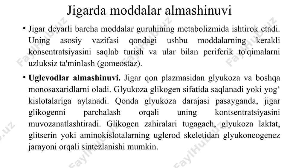an so'riladi va asosan keton tanachalariga aylanadi (b). xolesterin organizmga ovqatdan yoki atsetil-koa dan sintez natijasida kiradi. endogen xolesterinning muhim qismi jigarda sintezlanadi. xolesterinning bir qismi safro kislotalarini hosil qilish uchun ishlatiladi. bundan tashqari, xolesterin hujayra membranalarini qurish uchun ishlatiladi va shuningdek, yog 'kislotalari bilan efirlarni hosil qilishi va yog' tomchilari sifatida to'planishi mumkin. qolgan qismi qonga lipoprotein komplekslari (zjplp) shaklida chiqariladi va boshqa to'qimalar tomonidan qo'llaniladi. bundan tashqari, jigar qondan lipoproteinlarni ajratib oladi va ulardan xolesterin va uning efirlarini chiqaradi (zyulp, zplp, zo’lp). jigar xolesterinning bir qismini o't kislotalariga aylantiradi, ular o'zgarmagan xolesterin bilan birga safroga chiqariladi. keton tanachalarining biosintezi jigarda yog‘ kislotalari ko'p bo'lsa, β-oksidlanish reaktsiyalari sodir bo'ladi, buning natijasida yog' kislotalari atsetil-koa ga parchalanadi, ularning aksariyati keton tanachalariga aylanadi. keton tanalari boshqa to'qimalar uchun eruvchan energiya manbai hisoblanadi. keton tanachalarining sintezi faqat jigar hujayralarining mitoxondriyal matritsasida sodir bo'ladi. birinchi bosqichda ikkita atsetil-koa molekulasi asetoasetil-koa hosil qilish uchun …