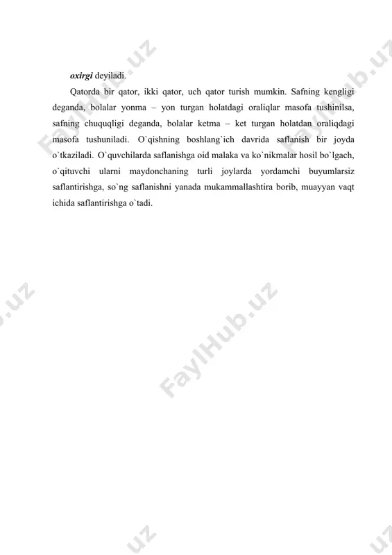 ikkinchi va uchinchi deb sanab chiqadi va har uchlikka qo`l ushlashib turishni taklif etadi. shundan so`ng vazifani tushuntiradi, keyin har bir uchlik uchun alohida ishora ( buyruq ) beradi. so`ngra qatorda uchtadan bo`lib qaytadan saflanishni amalgam oshiradi. bu usul o`zlashtirib bo`lingach, endi saf qo`l ushlamay tizilish mashqini o`tkazadi. bolalar uchun qatorda uchtadan ( to`rttadan ) saflanishning eng qiyin usullridan biri barcha o`quvchilarning “ uch ( to`rt ) qator bo`lib saflanish! ” buyrug`i bo`yicha saflanishlaridir. chunki, bolalar qatorda yetakchi orqasida bo`yicha ko`ra saflanishlari lozim bo`ladi. turgan joyda qadam tashlash, sakrash, o`ngga va chapga burilishni mashq qilish. qadam tashlab va sakrab burilishlar o`quvchilarni oyoq uchida va tovonda burilishiga o`rgatish maqsadida amalda oshiriladi. dastlab barcha o`quvchilarning o`ngga va chapga burilishlari yaxshi o`zlashtirilishiga erishiladi. bunda dastlabki darslarda quyidagilar mashq qilinadi. “ o`ng qo`llaringizni ko`taring ” yoki “ o`ng qulog`ingizni ushlang ”, “ o`ng qo`l tomonga buriling va hokazo” . o`qituvchilar tomonidan o`ngga va chapga …