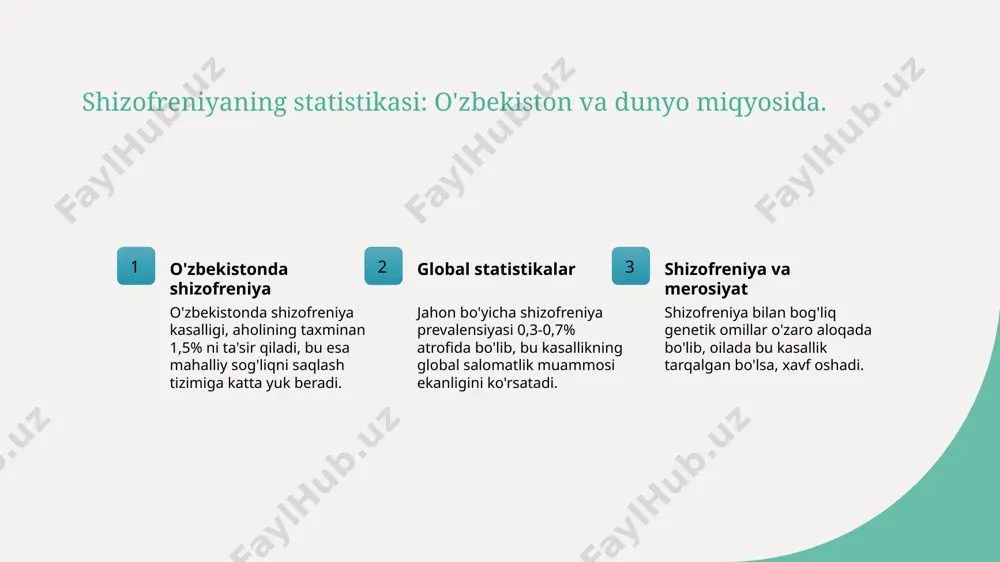 mavjudligi, kasallik xavfini oshiradi va davolashni murakkablashtiradi. genetik tadqiqotlar shizofreniyani davolashda individual yondashuvlar yaratishga yordam beradi. bu, bemorlar uchun mos davolash strategiyalarini ishlab chiqishga imkon beradi. shizofreniya rivojlanishida atrof-muhit omillari ham muhim rol o'ynaydi. stress va ijtimoiy muhit kabi faktorlar kasallikning murakkabligini oshiradi. foydalanilgan adabiyotlar 1. s. a. karimov. shizofreniya: kasallik va uning alomatlari. tashkent medical institute, 2021 2. a. n. yuldashev. shizofreniyaning genetik jihatlari. journal of psychology and medicine, 2022 3. t. r. shukurov. shizofreniya kasalligini o'rganish: genetik va ekologik aspektlar. uzbekistan journal of psychiatry, 2020 4. d. m. avezov. psixiatriya asoslari: shizofreniya va uning genetik asoslari. samarkand state university press, 2019 5. m. s. murodov. shizofreniya kasalligi: o'zbekistonda ilmiy tadqiqotlar. tashkent state university, 2023 e'tiboringiz uchun rahmat! /docprops/thumbnail.jpeg