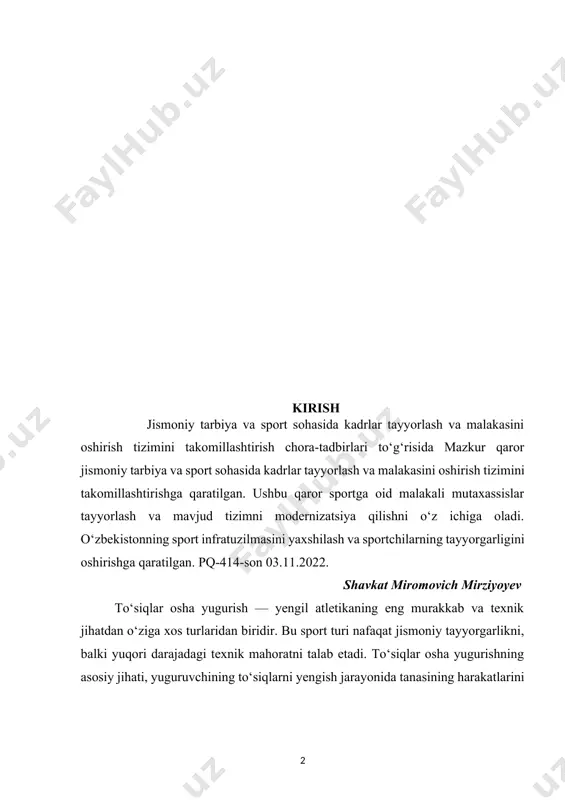 b chiqiladi. birinchi bobda, to‘siqlar osha yugurishning texnikasini va strukturasini, texnik xatoliklar va ularni tuzatish usullarini, shuningdek, fizik va psixologik omillarni tahlil qilamiz. ikkinchi bobda esa, to‘siqlar osha yugurishni takomillashtirish uchun maxsus mashqlar, samarali metodlar va musobaqalar uchun strategiyalarni ishlab chiqamiz. ushbu tavsiyalar yordamida sportchilar o‘z texnikalarini takomillashtirib, musobaqalarda yuqori natijalarga erishishlari mumkin.to‘siqlar osha yugurishning texnikasi va samaradorligini oshirish uchun har bir sportchi individual tarzda rivojlanish strategiyalarini ishlab chiqishi va o‘ziga xos xatoliklarni bartaraf etish yo‘llarini izlash zarur. bu borada ilmiy yondashuv va amaliy treninglar muhim rol o‘ynaydi. mavzuning dolzarbligi: to‘siqlar osha yugurish — yengil atletikaning asosiy turlaridan biri bo‘lib, bu sport turi nafaqat jismoniy, balki texnik mahoratni ham talab etadi. so‘nggi yillarda yengil atletika bo‘yicha musobaqalar va sportchilar soni sezilarli darajada oshdi, shu bilan birga, o‘z natijalarini yaxshilash va eng yuqori pog‘onalarni egallash maqsadida, to‘siqlar osha yugurishning texnikasi va metodikasi ustida ilmiy tadqiqotlar o‘tkazish zarurati yanada ortdi. shuning uchun, …