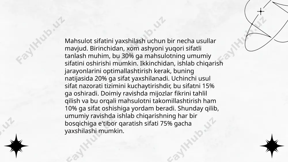 lishni rejalashtiradi. statistika shuni ko'rsatadiki, mijozlar fikri asosida o'z xizmat va mahsulotlarini yaxshilagan kompaniyalar 10-15% gacha daromadlarini oshirishi mumkin. bu jarayon uchun mijoz so'rovlari, tahlil dasturlari va tahliliy vositalar keng qo'llaniladi. ... t.me/slaydai_bot reklama va pr faoliyatini kuchaytirish biznes uchun strategik ahamiyatga ega. statistika ko'rsatishicha, 2022-yilda global reklama xarajatlari 763,2 milliard aqsh dollariga yetgan. tadqiqotlar pr faoliyetida yaxshi rejalashtirilgan strategiyalarning mijoz jalb qilishni 34% ga oshirishi mumkinligini ko‘rsatadi. internet foydalanuvchilarining 75% reklama orqali mahsulotlar haqida ma'lumot olishadi. google’da reklama qilish roi ko‘rsatkichini 8:1 ga yetkazishi mumkin, ya'ni har bir sarflangan dollar uchun 8 dollar daromad. shuningdek, ijtimoiy tarmoqlarda reklama qilish, facebook va instagram platformalarida 2023-yilda 25% o'sishni ko'rgan. pr orqali brend imidji mustahkamlanadi, bu esa uzoq muddatli muvaffaqiyatga olib kelishi mumkin. ... t.me/slaydai_bot 10. ijtimoiy tarmoqlarda faol ishtirok etish mavzusiga doir ma’lumotlar: hozirgi vaqtda dunyo bo‘ylab 4,7 milliarddan ziyod odam ijtimoiy tarmoqlarda faol ishtirok etadi. o‘rtacha foydalanuvchi kuniga 2 soat …