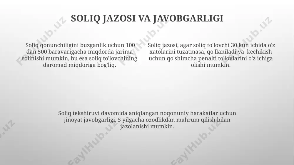 tavkani qo'llagan holda 1-toifa va 5% stavkani qo'llagan holda 2-toifaga bo'lindi, bu kichik biznesni qo'llab-quvvatlashga qaratilgan. soliq kodeksi, 2008-yildan kuchga kirgan, soliqlarning asosiy turlarini, to‘lov muddatlarini va javobgarlikni belgilaydi, jami 7 bob va 70 dan ortiq moddadan iborat. davlat byudjeti va soliqlar soliqlarning asosiy turlari, ya'ni yer solig'i, mulk solig'i va transport vositalari solig'i kabi mahalliy byudjetlarning daromadlarini sezilarli darajada to'ldiradi. davlat byudjeti daromadlarining 70% dan ortig'i to'g'ridan-to'g'ri va bilvosita soliqlardan, jumladan, qo'shilgan qiymat solig'i (qo'shilgan qiymat solig'i) va daromad solig'idan tushgan mablag'lardan shakllanadi. 2023-yil byudjeti prognozi soliq yig'imlarining o'sishiga, shu jumladan, korxonalar daromad solig'i va jismoniy shaxslar daromad solig'ining oshishiga tayanadi. e'tiboringiz uchun rahmat @taqdimot_robot image1.png image2.png image3.png