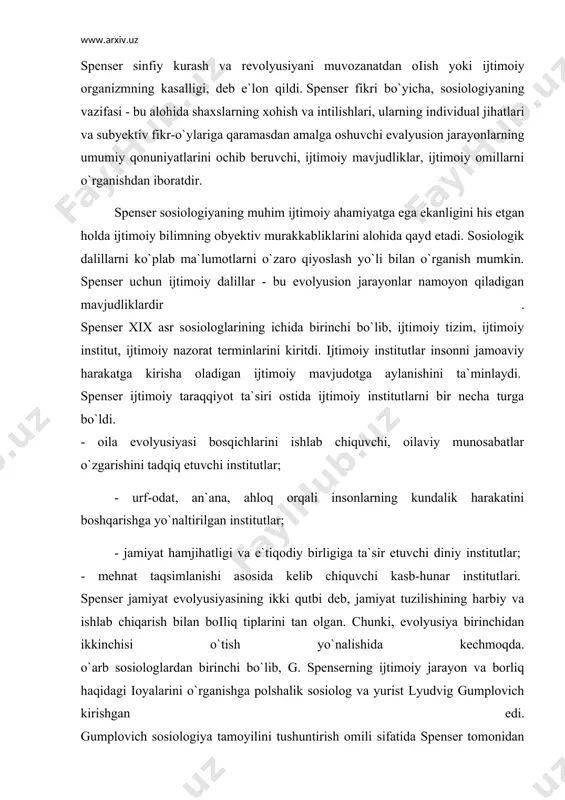 omili sifatida spenser tomonidan asoslangan biologik tushunchalarga qarshi chiqdi. uning ta`kidlashicha, sosiologiyada biologik tushunchalar hyech qanday ahamiyatga ega emas, ular faqatgina qiyoslash uchungina xizmat qilishi mumkin, ijtimoiy voqyelik xususida esa bilim bera olmaydi. gumplovich sosiologiya obyekti sifatida ijtimoiy guruhlarni olib, voqyelikni o`rganishga baіishlangan tadqiqot predmeti sifatida, abadiy va o`zgarmas qonunlarga bo`ysunuvchi ijtimoiy guruhlar harakati tizimini qabul qilishni taklif etadi. avstriyalik psixolog va sosiolog zigmund freyd fanda psixologik nazariyani ishlab chiqish bilan ijtimoiy jarayonlarni anglashning ilgari insoniyat tajribasida bo`lmagan yo`lini asoslab berdi. uning ta`kidlashicha, inson ruhiyatining ong bilan boshqarilmaydigan qismida instiktiv da`vatlar (hoxish-istaklar) hamda xotiradan chiqarilgan fikr-іoyalar mujassamlangan bo`lib, bu qism bilan idora etiluvchi ong o`rtasida ong oldi maydoni (bu maydonchada idrok, tafakkur, xotira, anglangan o`zlik) joylashgandir. ong oldi maydonchasi ong bilan boshqarilmaydigan sohadagi turli xil da`vatlar, hohish-istaklarni ongning idrok etiluvchi qismiga o`tkazishga monelik qilib turadi va o`ziga xos senzor vazifasini o`tab boradi. freydning nuqtai nazariga ko`ra, anglanmagan istaklar hamda agressiv …