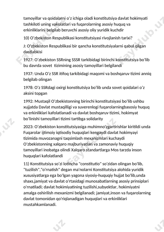 oʻzbekistonning birinchi konstitutsiyasi boʻlib ushbu xujjatda davlat mustaqilligi va suverenlogi fuqarolarningbasosiy huquq va erkinliklari kafolatlanadi va davlat boshqaruv tizimi, hokimyat boʻlinishi tamoyillari tizimi tartibga solidarity 2023: oʻzbekiston konstitutsiyasiga muhimnoʻzgartirishlar kiritildi unda fuqarolar ijtimoiy iqtisodiy huquqlari kengaydi davlat hokimyayi tizimida muvozanagni taqsimlash mexanizmlari kuchaydi oʻzbekistonning xalqaro majburiyatlari va zamonaviy huquqiy tamoyillari inobatga olindi xalqaro standartlarga mos tarzda inson huquqlari kafolatlandi 11) konstitutsiya soʻzi lotincha "constitutio" so'zidan olingan bo'lib, "tuzilish","o'rnatish" degan ma'nolarni konstitutsiya alohida yuridik xususiyatlarga ega bo'lgan yagona siyosiy-huquqiy hujjat bo'lib,unda shaxs,jamiyat va davlat o'rtasidagi munosabatlarning asosiy prinsiplari o'rnatiladi; davlat hokimiyatining tuzilishi,subyektlar, hokimiyatni amalga oshirilish mexanizmi belgilanadi; jamiyat,inson va fuqarolarning davlat tomonidan qo'riqlanadigan huquqlari va erkinliklari mustahkamlanadi. 12) o'zbekiston respublikasi konstitutsiyasini huquqiy hujjati sifatida barcha boshqa huquqiy normalarni belgilovchi asos hisoblanadi. konstitutsiya o'zida davlatning asosiy tuzilmasi, fuqarolarning asosiy huquq va erkinliklarini, shuningdek, davlat hokimiyati organlarining vakolatlarini va ularning o'zaro munosabatlarini o'z ichiga oladi. shu sababli, u boshqa huquq sohalari bilan quyidagi …