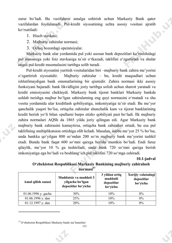 t tomonidan belgilanadi va uni markaziy bank amalga oshiradi.uning yordamida har qanday davlat mamlakatda iqtisodiy barqarorlikni ta’minlash vazifasini hayotga tadbiq etadi. pul kredit siyosatini amalga oshirishning pirovard maqsadlari iqtisodiy o‘sish, to‘liq bandlikni, baholarning hamda to‘lov balansining barqarorligini ta’minlashdan iborat. bu maqsadlarga erishish uchun milliy valutani muomaladagi pul massasi, foiz stavkasi va milliy valuta almashinuv kursining optimal kattaliklarini ta’minlab turish 56 o‘zbekiston respublikasining “o‘zbekiston respublikasi markaziy banki to‘g‘risida” gi qonuni, 1995-yil, 21- dekabr /www.lex.uz 121 zarur bo‘ladi. bu vazifalarni amalga oshirish uchun markaziy bank qator vazifalardan foydalanadi. pul-kredit siyosatining uchta asosiy vositasi ajratib ko‘rsatiladi: 1. hisob stavkasi; 2. majburiy zahiralar normasi; 3. ochiq bozordagi operatsiyalar. markaziy bank ular yordamida pul yoki asosan bank depozitlari ko‘rinishidagi pul massasiga yoki foiz stavkasiga ta’sir o‘tkazadi, taklifini o‘zgartiradi va shular orqali pul-kredit muomalasini tartibga solib turadi. pul-kredit siyosatini yuritish vositalaridan biri –majburiy bank zahira me’yorini o‘zgartirish siyosatidir. majburiy zahiralar – bu, kredit maqsadlari uchun ishlatilmaydigan …