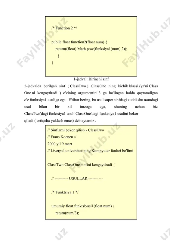 sinf usuli hisoblanadi. qaysi funktsiya1 usuli hozir chaqiriladi? javob shuki, u hali ham topshirilgan ob'ekt sinfiga bog'liq, agar bu classtwo usulining namunasi bo'lsa, funktsiya1ning classtwo versiyasi chaqiriladi va u classone usulining namunasi bo'lsa, funktsiya1ning classone versiyasi chaqiriladi. chaqiriladi (ya'ni natija 4-jadvalda keltirilgan). 8-jadvalda ilovaning qayta ko'rib chiqilgan versiyasini hisobga olgan holda qo'ng'iroqlarga kiritilishi kerak bo'lgan kerakli o'zgarishlar ko'rsatilgan classone 7-jadvalda keltirilgan. // sinflarni bekor qilish // frans koenen // 2000 yil 9 mart // liverpul universitetining kompyuter fanlari bo'limi classone sinfi { // ---------- usullar ---------- / * funktsiya 1 */ umumiy float funktsiyasi1(float num) { return(num/2); } /* funktsiya 2 */ statik float funktsiyasi2(float num, classone obyekti) { return((float) math.pow(object.function1(num),2)); } } 7-jadval: classone sinfining ikkinchi versiyasi (polimorfizmga ega) // ilovani bekor qilish misoli // frans koenen // 2000-yil 9-mart // liverpul universiteti kompyuter fanlari boʻlimi, sinf overridingapp { // ----------- usullar ---------- /* asosiy usul */ public static …