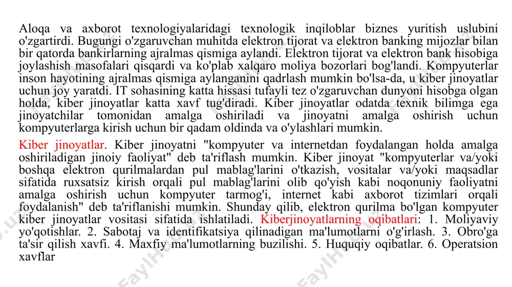 n kirish: agar kiberjinoyatchi kompyuter tizimiga kirishi mumkin bo'lsa, maxfiy ma'lumotlarga, shu jumladan mijozning maxfiy moliyaviy ma'lumotlariga, olinadigan ma'lumotlarga kirib kichik qurilmaga ko'chirilishi mumkin. axborot texnologiyalari korporativ shaxslar, jismoniy shaxslar, banklar va davlat idoralari va boshqa mutaxassislarning ishlashini ta'minlaganligi, ularning kompyuterlarida himoyalanmagan maxfiy ma'lumotlar va ma'lumotlarning saqlanishi katta xavf tug'diradi. foydalanuvchilarning e'tiborsizligi: kompyuter tizimlaridan foydalanuvchi shaxslar va xodimlar, mansabdor shaxslar, rahbarlar va boshqa mutaxassislar o'z ma'lumotlarini va kompyuterlarda saqlanadigan maxfiy ma'lumotlarni himoya qilish uchun hushyor bo'lishlari kerak. shaxsiy identifikatsiya raqami (pin) va parollardan to'g'ri foydalanish orqali tizimga kirishni himoya qilish orqali bunday qurilmalardan foydalanishda juda ehtiyotkor bo'lishlari kerak. ularning har qanday beparvoligi kiber jinoyatchilarning bunday qurilmalar va ma'lumotlarga kirishini osonlashtiradi tashkilotlar va banklarda ichki nazoratning yo'qligi: kompyuter tizimi bir qator kodlar bilan boshqariladigan operatsion tizimlardan olingan ko'rsatmalar asosida ishlaydi. samarali bo'lmagan ichki nazorat va at auditi tizimi kompyuterlashtirilgan muhitda samarasiz apparat va dasturiy ta'minot tizimlarining mavjudligi sababli uzilishlarga olib keladi. …