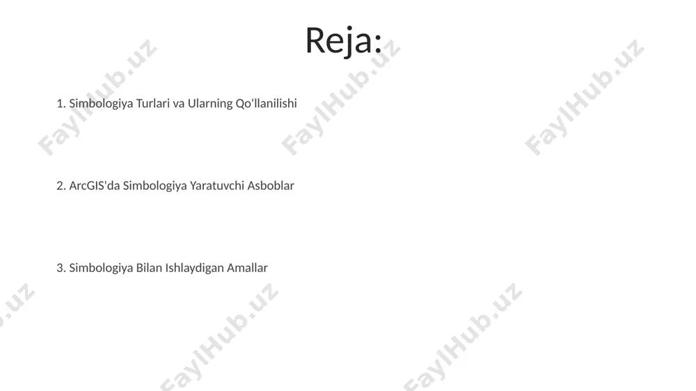 ib, ular nuqta, chiziq va polygon obyektlarini tasvirlash uchun ishlatiladi, masalan, toshkent shahri xaritasida ko'chalarni chiziq simvollar bilan, binolarni esa polygon simvollar bilan ifodalash mumkin. ranglar, o'lchamlar va shakllar yordamida 5 ta turli xil toifalarni ajratish orqali, masalan, aholi zichligi bo'yicha 1-5 darajali zonalarni ranglar bilan ifodalash mumkin, bu esa ma'lumotlarni vizual tahlil qilishni yaxshilaydi. yaxshi amaliyotlar arcgis’da 10 dan ortiq sinflarga ega ma'lumotlar to'plamlari uchun ranglar sxemasi sifatida progressiv ranglarni tanlash samarqand viloyati xaritalari uchun samarali bo'ladi. katta hajmdagi ma'lumotlar to'plamlarida, masalan, butun o'zbekiston bo'yicha yo'l tarmoqlari uchun, tezkor ko'rish va tahlil qilish uchun sodda va aniq ramzlardan foydalanish muhim. simbologiyaning samaradorligi samarqanddagi arxeologik joylarning simvolik tasviri 3d modellashtirish bilan birgalikda tarixiy kontekstni yaxshiroq ifodalaydi va 500 dan ortiq topilma joylashuvini aniq ko‘rsatadi, shuningdek ma’lumotlarni tahlil qilishni yaxshilaydi. ranglar va shakllarni to‘g‘ri tanlash orqali, masalan, andijon viloyati xaritasida suv havzalari va yo‘llarni farqlash ancha osonlashadi, bu esa xaritaning umumiy …