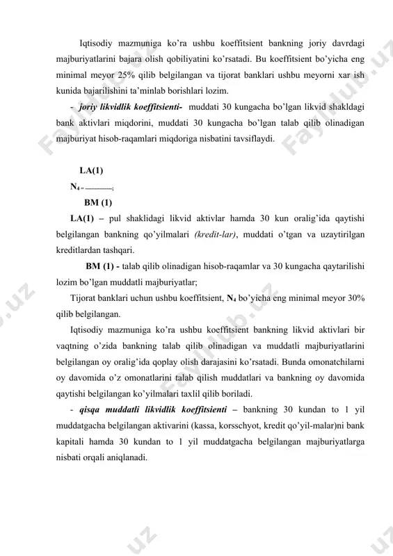 otgаn dаvrdаgi ko’rsаtkichlаrni o’tgаn yilgi ushbu dаvrdаgi ko’rsаtkichlаr bilаn tаqqоslаsh оrkаli bаnk fаоliyatidаgi o’zgаrishlаrni аniqlаsh vа bаhоlаsh mumkin. tijоrаt bаnklаri likvidligi bu bаnk fаоliyatining sifаt tаvsifi hisоblаnаdi. fоydalanilgan adabiyotlar asоsiy adabiyotlar: 1. abdullaeva sh.z., «bank ishi». o’quv qo’llanma. –t.: moliya.2003 2. abdullaeva sh.z., «pul kredit va banklar» o’zbekistоn respublikasi bank-mоliya akademiyasi, «mоliya» nashriyoti,2000 y. 3. balabanova i.t., “banki i bankоvskоe delо”, ucheb posob. piter, 2003. 4. kоlesnikоv v.i., «bankоvskоe delо» mоskva, 4-izd. «finansi i statistika», 2002g. 5. jarkovskaya e.p. «bankоvskоe delо» uchebnik.-m.: omega-l.2004. 6. lavrushina о.i., «den’gi, kredit, banki» mоskva, izd. «finansi i statistika» 2003g. 7. lavrushina о.i., «bankоvskоe delо» mоskva, izd. «finansi i statistika» 2003g. 8. korobkova g.g. «bankоvskоe delо» uchebnik. -m.: economist-2004.