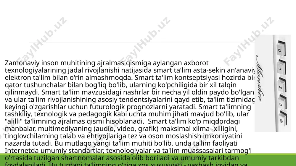v jarayonida o'quvchilar va o'qituvchilar uchun yangi samaradorlikka erishish uchun sharoit yaratishdir. ta'lim texnologiyalarining bu turini qo'llash kompleks yondashuvni talab qiladi. smart-ta'lim kontseptsiyasining rivojlanishi dunyodagi yangi texnologik paradigma rivojlanishiga to'g'ri keladi. 27.03.2025 so'nggi yillarda, xususan, davom etayotgan pandemiya sharoitida dunyo miqyosida elektron va smart-ta'lim texnologiyalaridan foydalanishga talab keskin ortdi. deyarli barcha mamlakatlar ta'lim jarayonini asosan axborot texnologiyalari orqali amalga oshirishi natijasida, oxirgi 2 yillik muddat ichida o'zbekistonda ham bu texnologiya avvalgi yillarga qaraganda misli ko'rilmagan darajada rivojlandi. ta'lim oluvchilarning aksar qismini tashkil qiluvchi maktab o'quvchilari ham elektron o'qitish jarayoni bilan yaqindan tanishdilar. ta'lim texnologiyasining mazkur turi dunyoning istalgan nuqtasidan turib masofaviy ishlay olish imkoniyati bilan boshqalaridan yaqqol ustunlik qilmoqda. bunda o'quvchi qayerda bo'lishidan qat'iy nazar, kompyuter va internet ta'minoti bilan ta'lim jarayonida ishtirok eta oladi. o'rganish nafaqat sinfda, balki boshqa har qanday joyda: saylgoh yoki kafe kabi jamoat joylarida ham mumkin bo'ladi. ta'lim jarayonini bog'laydigan asosiy element - bu faol …
