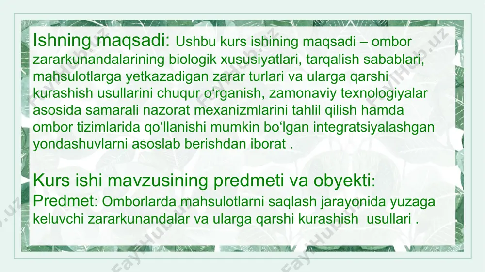 mustahkam og‘iz qismlariga ega bo‘lib, har xil qattiq donni ham bemalol teshadi. barcha zararkunandalar uchun morfologik moslashuv eng avvalo ularning yashab qolishiga xizmat qiladi. tashqi strukturalar mahsulot ichida yashirincha harakat qilish, noto‘g‘ri yoritilgan joyda ko‘payish, minimal oziq bilan uzoq umr ko‘rish va zararli sharoitda ham chidashga yordam beradi. ichki tuzilishdagi farqlar esa ularning har xil mahsulot turlariga moslashishini, kimyoviy vositalarga bardoshliligini va tez-tez ko‘payish qobiliyatini belgilab beradi. shu bois zararkunandalar morfologiyasini puxta o‘rganish, ularning tuzilmasini mikroskopik darajada tahlil qilish, har bir bosqichda qanday tuzilishga ega ekanini tushunish — omborlarda mahsulotni ishonchli himoya qilishning ilmiy asosidir. guruch mitasi hayot davrlari va ko‘payish xususiyatlari. zararkunandalar hayot davrlari va ko‘payish xususiyatlari ularning tarqalishi, mahsulotga zarar yetkazish darajasi, ombor muhitiga moslashuvi va nazorat choralari samaradorligida hal qiluvchi o‘rin tutadi. har bir tur hayotini muayyan bosqichlarda o‘tkazadi va bu bosqichlarning davomiyligi, biologik jarayonlari, harorat va namlikka munosabati ham o‘ziga xosdir. hayot davrining to‘liq tahlili orqali …