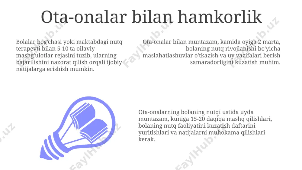 ilan birga individual yondashuvni ta'minlaydi. yangi texnologiyalar, masalan, interfaol o'yinlar va dasturlar, bolalar nutqini rivojlantirishda 20-30% ga samaradorlikni oshirishi mumkin, bu esa kamroq vaqt sarflab ko'proq natijaga erishish imkonini beradi. toʻgʻri va aniq nutq koʻnikmalarini shakllantirish usullari "tovushli gimnastika" mashqlarini har kuni kamida 10-15 minut davomida muntazam bajarish artikulyatsiya apparati mushaklarini mustahkamlaydi va aniq nutqni shakllantirishga yordam beradi. bolalarga 5-7 yosh oraligʻida sheʼrlarni yodlash va sahnalashtirish orqali toʻgʻri talaffuz va intonatsiya koʻnikmalarini rivojlantirish samarali usul hisoblanadi. oʻqish jarayonida 3-4 yoshdagi bolalarga har bir soʻzning toʻgʻri talaffuzini takrorlash, soʻzlarni boʻgʻinlarga ajratib oʻqish kabi usullar nutq aniqligini oshiradi. oʻyinlar va mashqlar orqali nutqni rivojlantirish boshlangʻich sinflarda 5-7 yoshli bolalar uchun nutqni rivojlantirishda "kim tezroq?" kabi tezkor soʻz oʻyinlari leksik zahirani boyitadi va soʻzlash tezligini oshiradi. nutqning tovush madaniyatini shakllantirishda, 20-30 ta tovushni aniq talaffuz qilishga qaratilgan fonetik mashqlar, artikulyatsiya apparati mushaklarini rivojlantirishga yordam beradi. hikoya tuzish boʻyicha 3-4 ta rasmga asoslangan ijodiy …